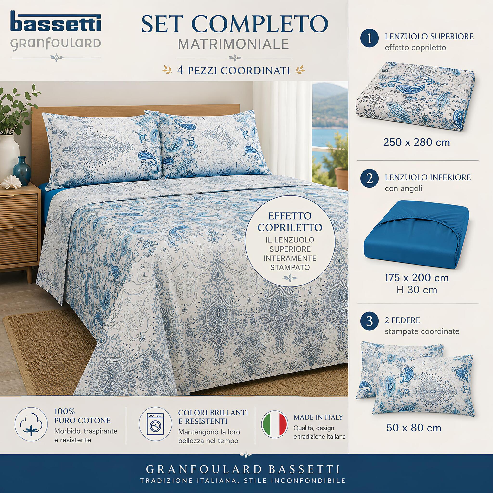 Completo matrimoniale Bassetti Monnalisa 4 pezzi con lenzuolo 250x280, sotto 175x200 H30 e 2 federe 50x80