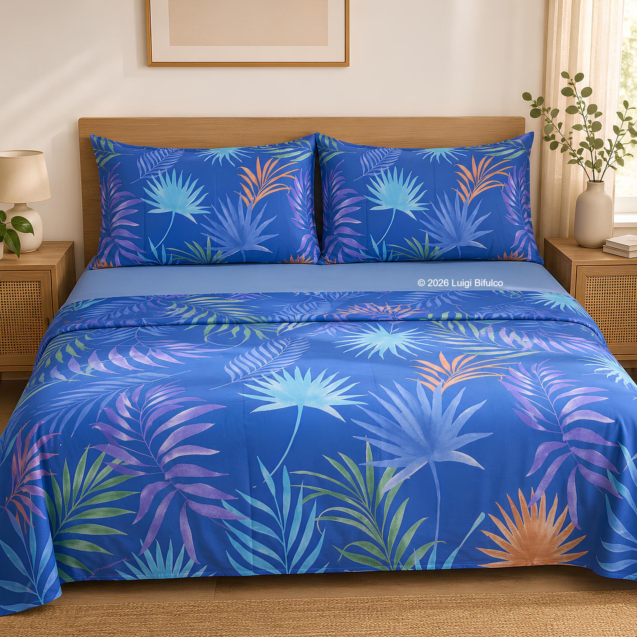 Completo lenzuola matrimoniale Bassetti Palmshade celeste in 100% tela di cotone con fantasia tropicale e federe coordinate