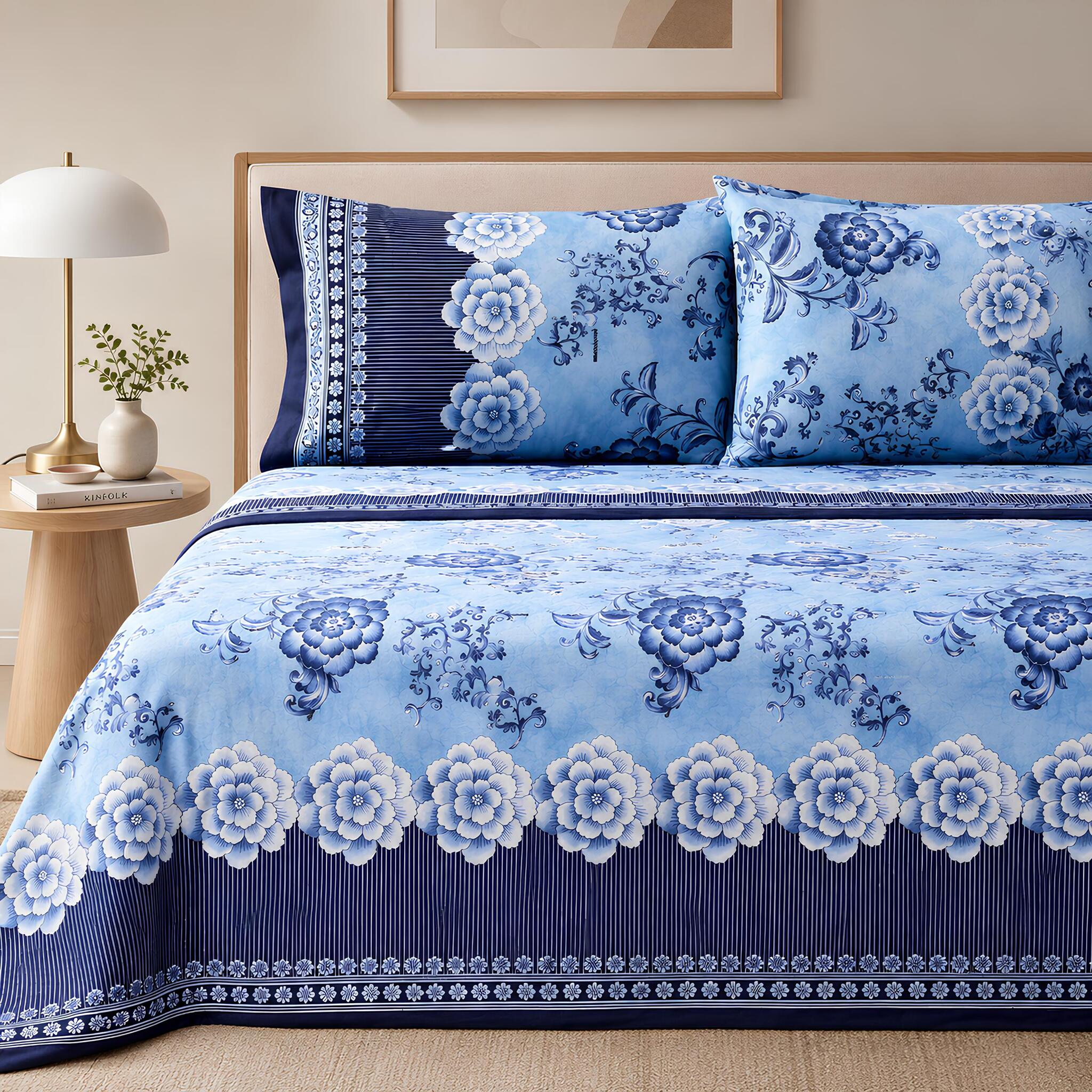 Completo lenzuola matrimoniale Bassetti Granfoulard Paraggi Azzurro in raso di cotone con fantasia floreale blu