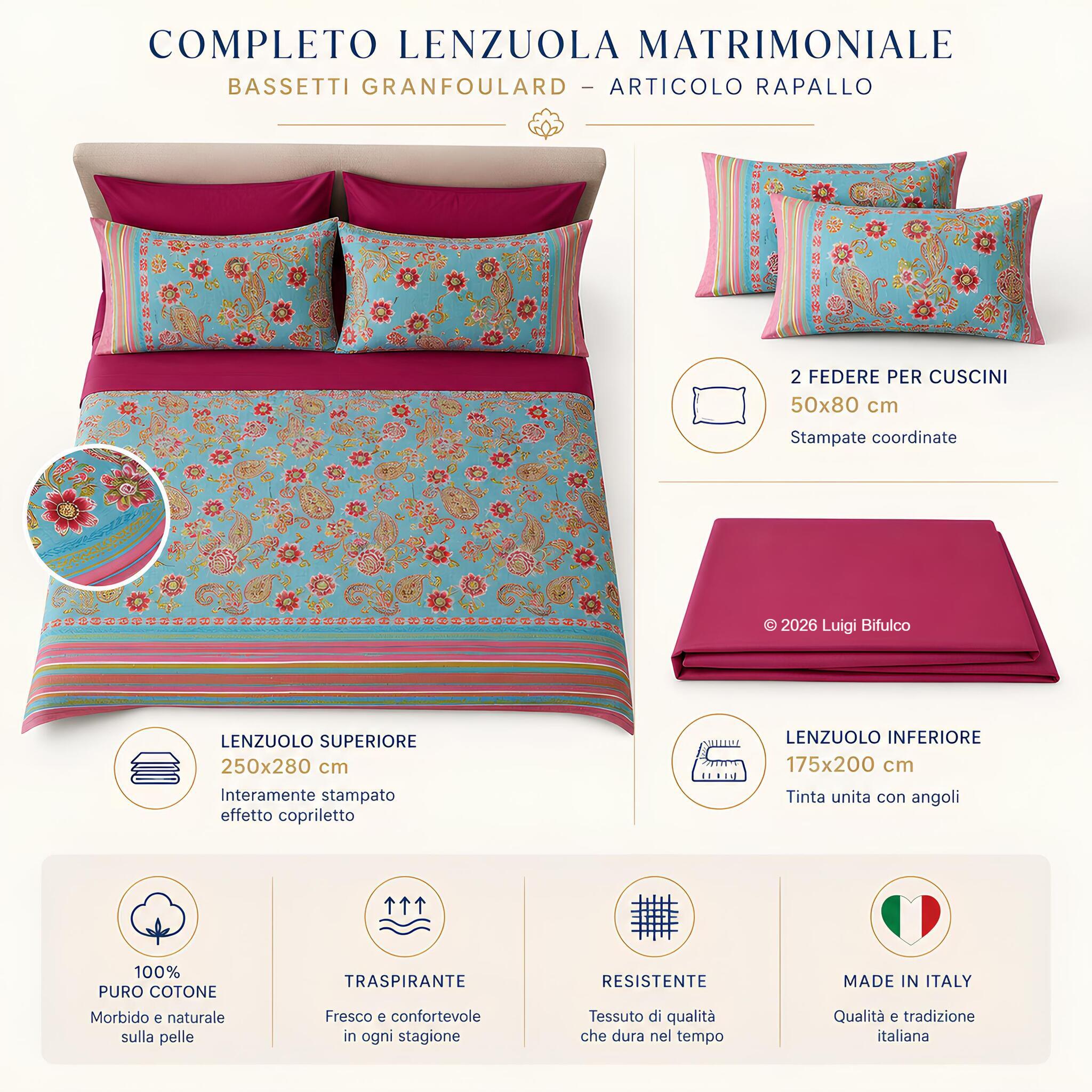 Misure completo lenzuola matrimoniale Bassetti Rapallo con lenzuolo superiore effetto copriletto, inferiore e due federe