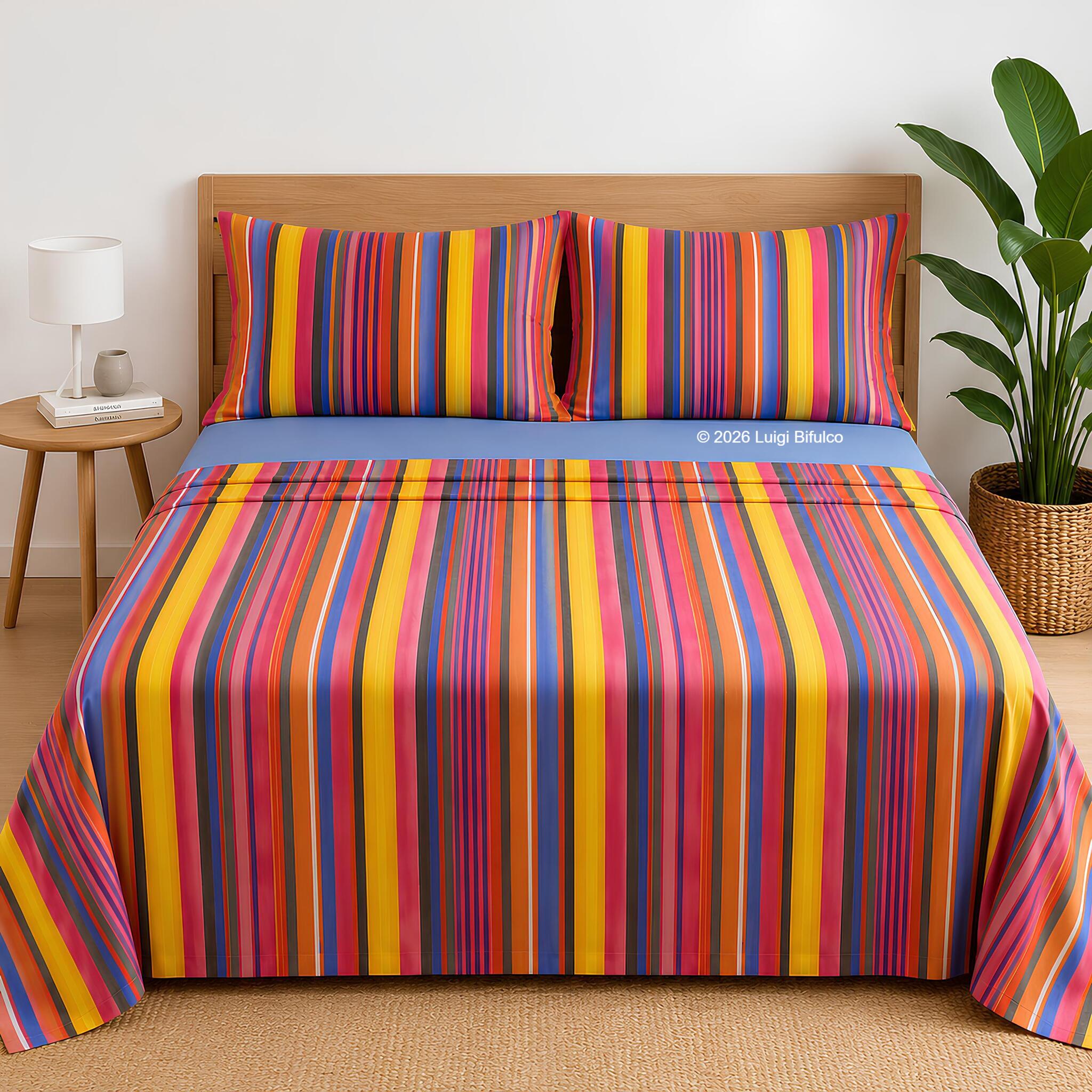 Completo lenzuola matrimoniale Bassetti Sunbed in 100% tela di cotone con fantasia a righe multicolor e lenzuolo inferiore azzurro