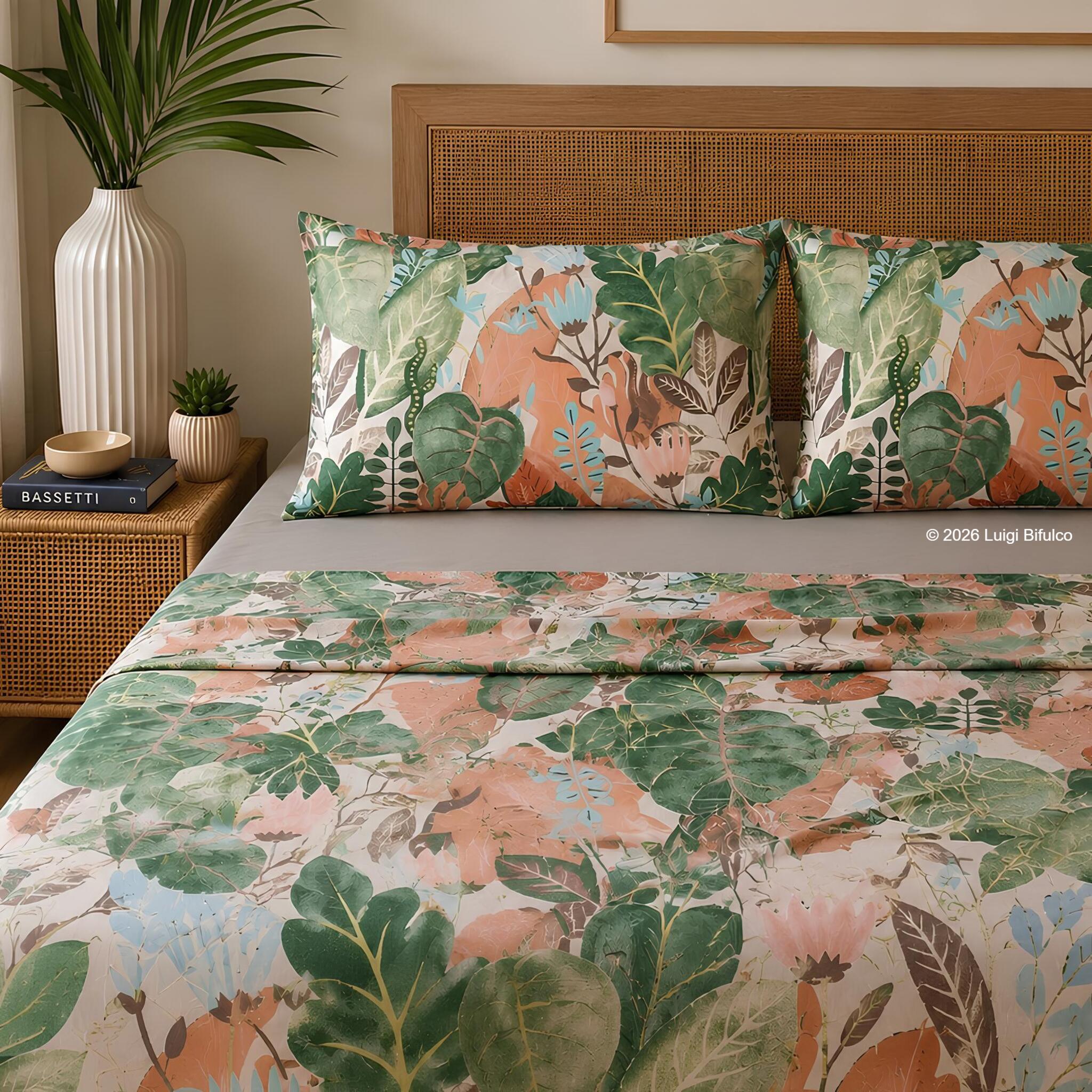 Completo lenzuola matrimoniale Bassetti Tropic colore beige in 100% tela di cotone con fantasia botanica tropicale