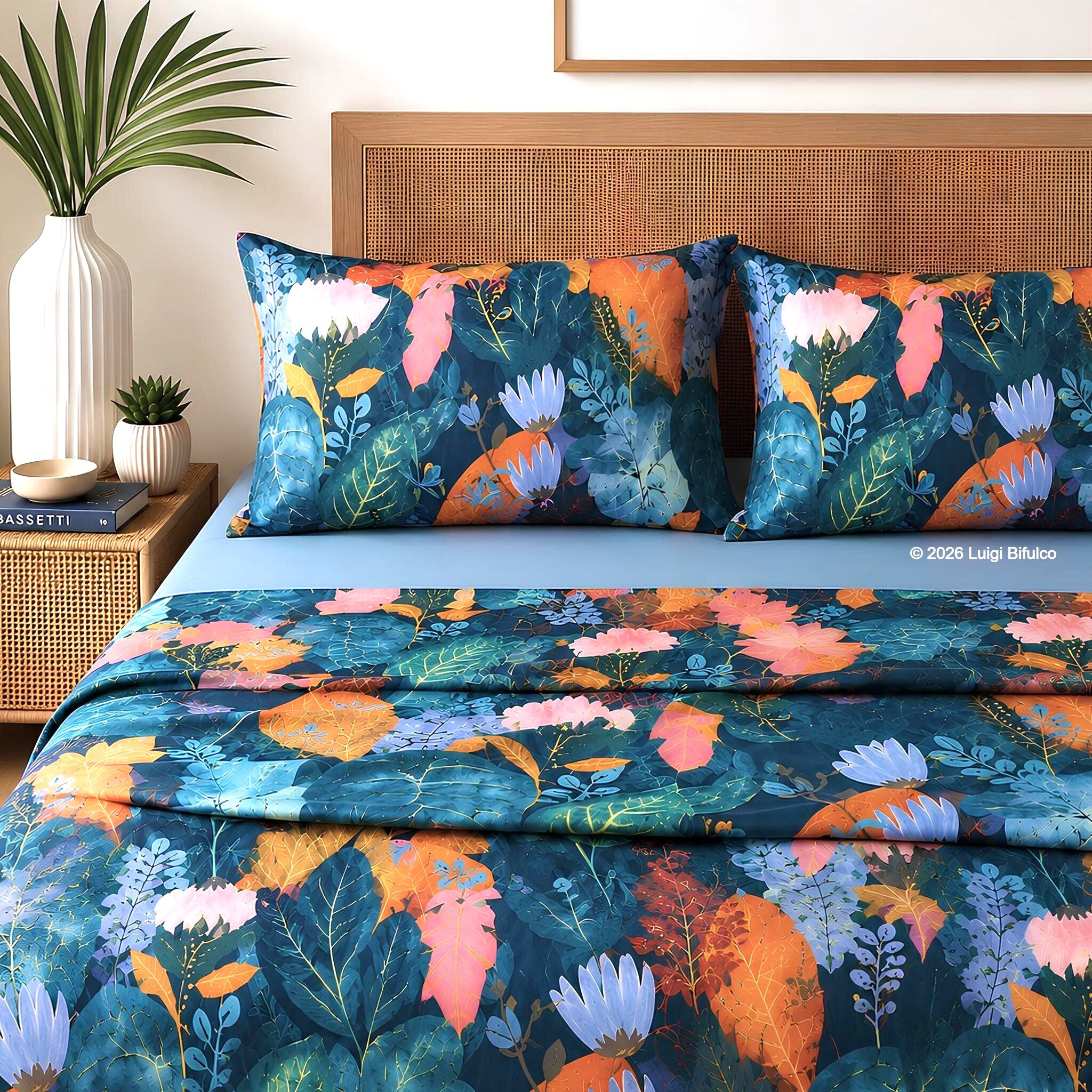 Completo lenzuola matrimoniale Bassetti Tropic blu in 100% tela di cotone con fantasia tropicale