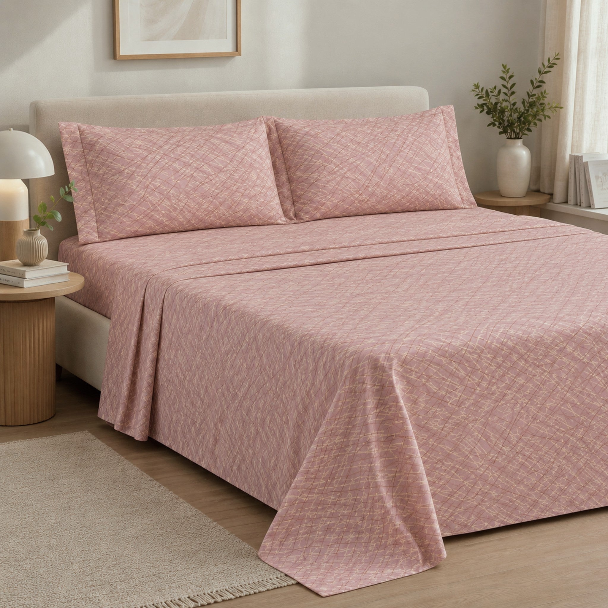 Completo lenzuola matrimoniale Caleffi Notting in 100% cotone colore Cipria con fantasia moderna