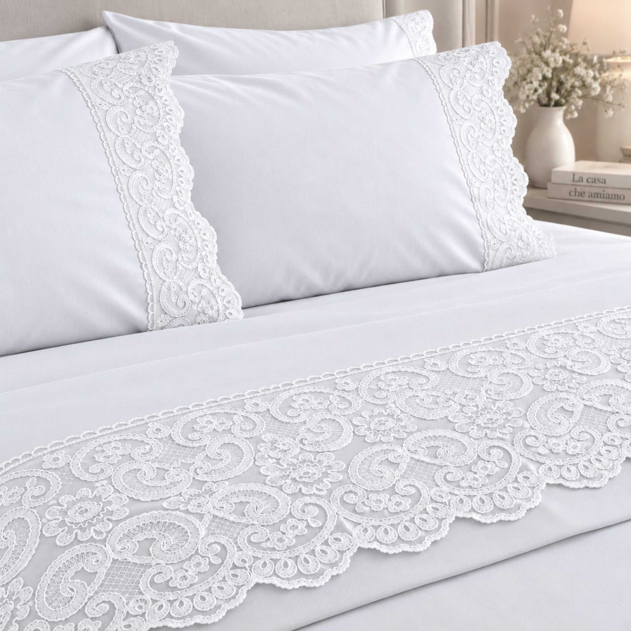 Completo lenzuola matrimoniale Carezze Allegra bianco con elegante pizzo