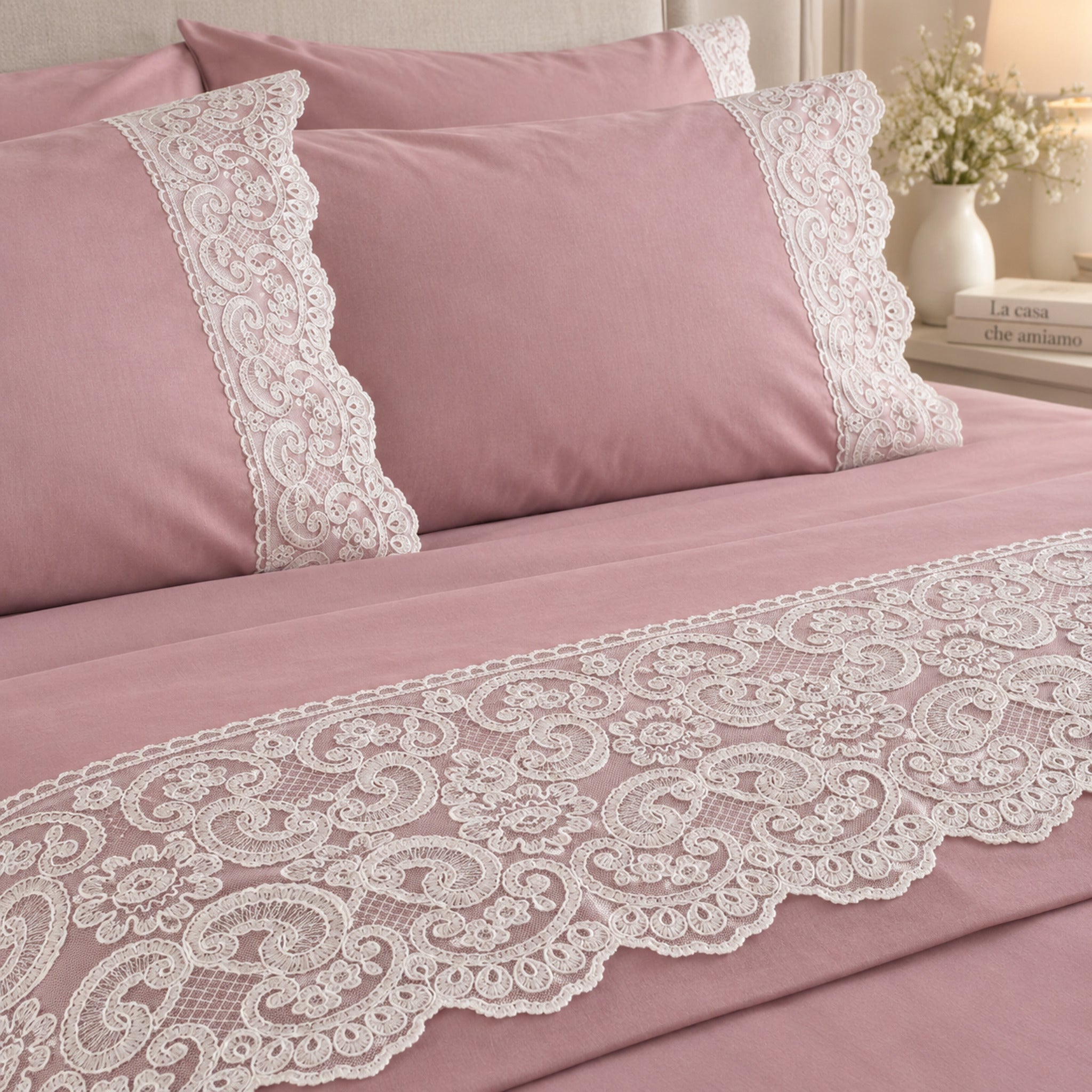 Completo lenzuola matrimoniale Carezze Allegra rosa antico con pizzo bianco