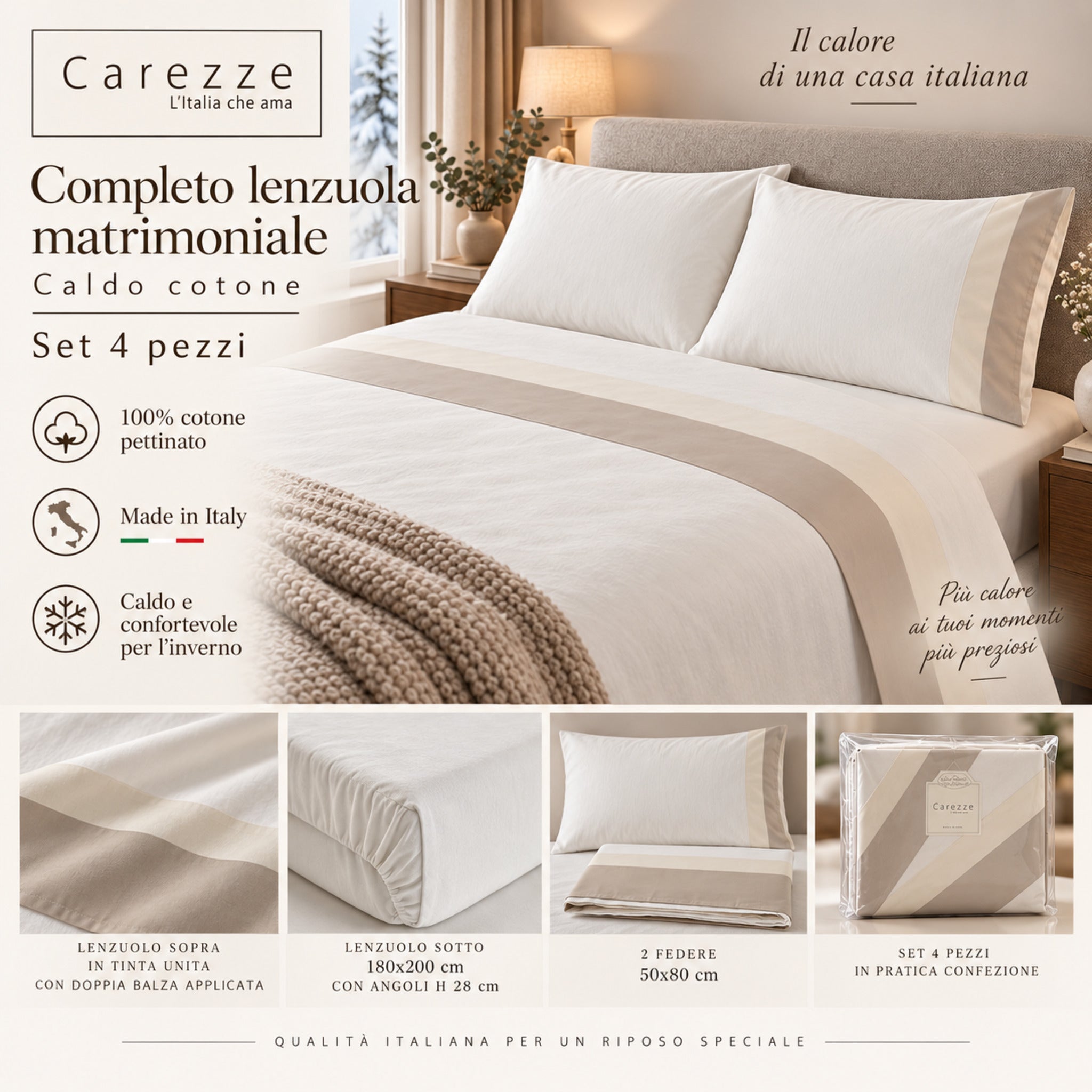 Completo lenzuola matrimoniale Carezze Avorio set 4 pezzi in caldo cotone Made in Italy