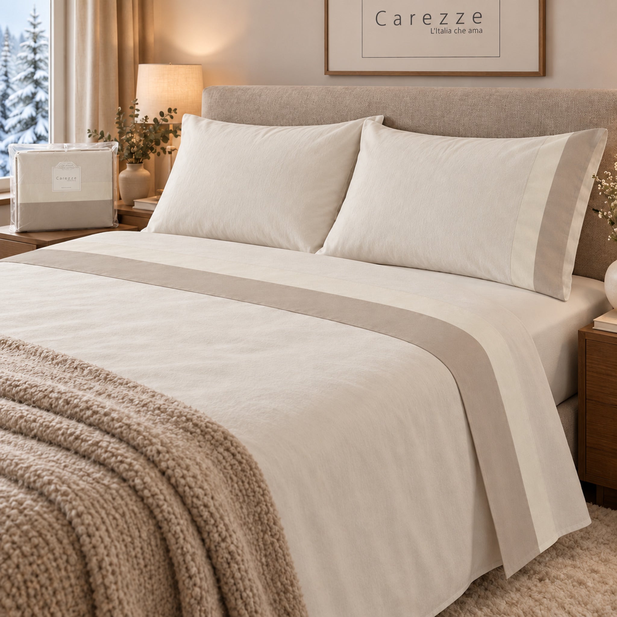 Completo lenzuola matrimoniale Carezze Ecru in caldo cotone 100% cotone pettinato