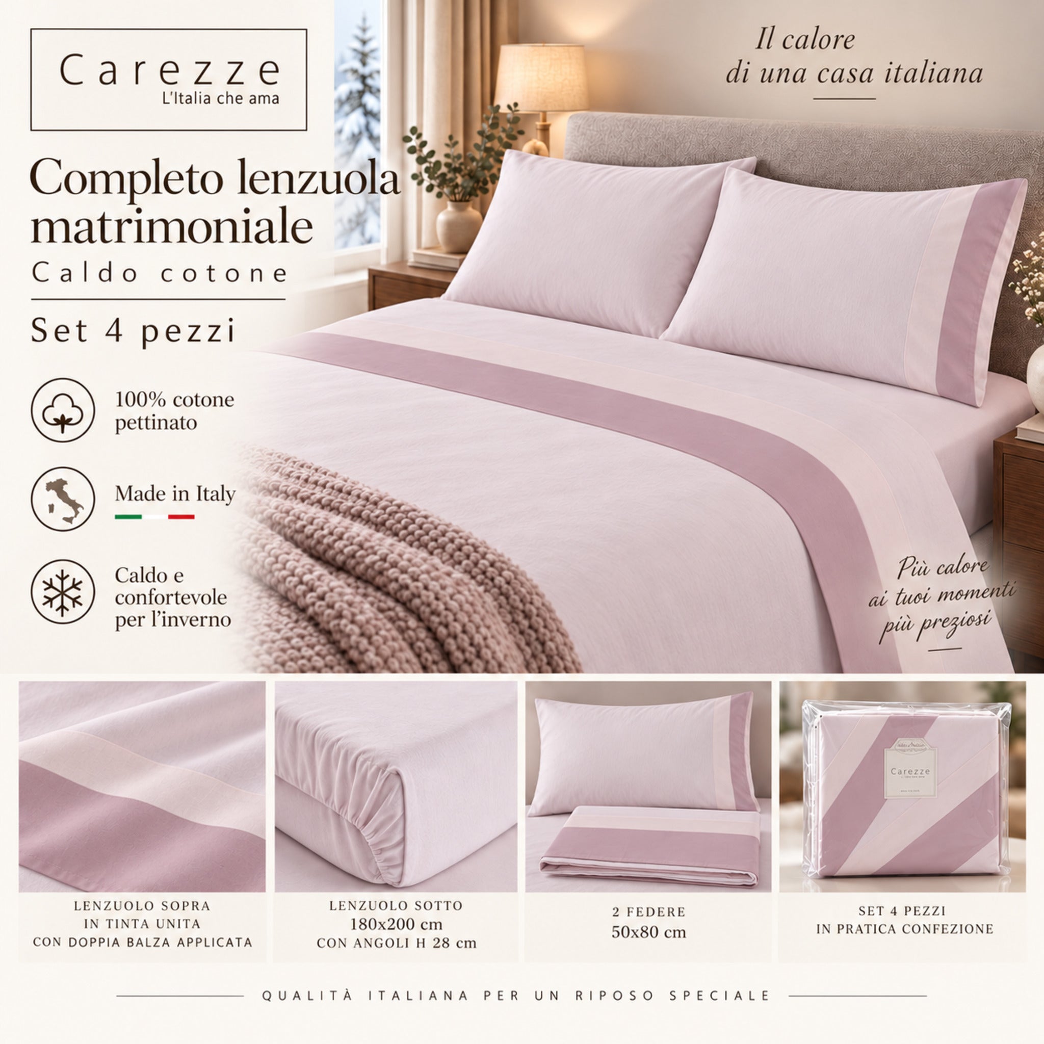 Completo lenzuola matrimoniale Carezze Cipria 4 pezzi con lenzuolo sotto 180x200 cm