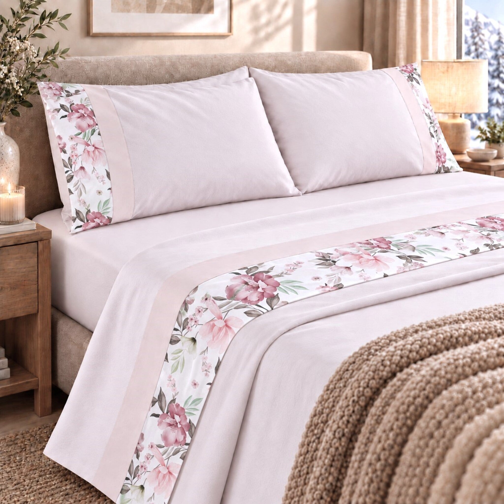 Completo lenzuola matrimoniale Carezze Fiordaliso rosa in caldo cotone con doppia balza floreale