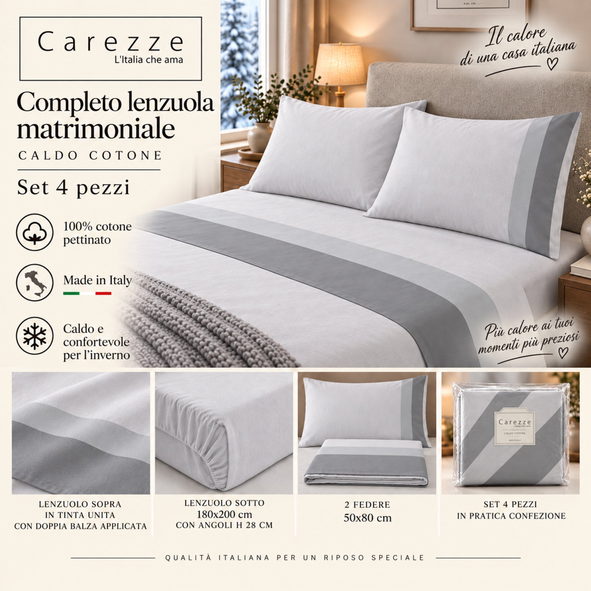 Completo Carezze Grigio 4 pezzi con lenzuolo sotto 180x200 cm angoli 28 cm