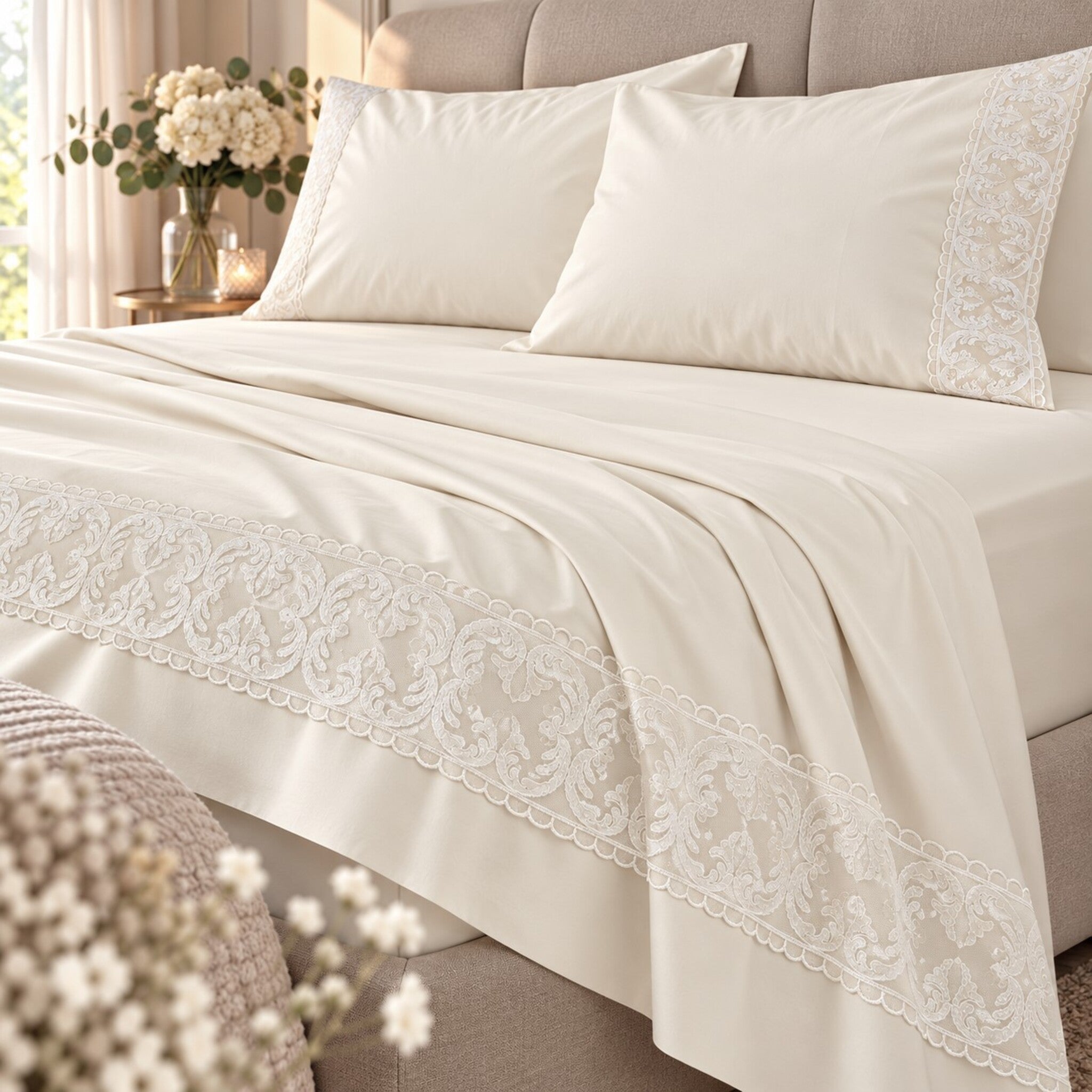 Completo lenzuola matrimoniale Carezze Melody avorio con pizzo applicato