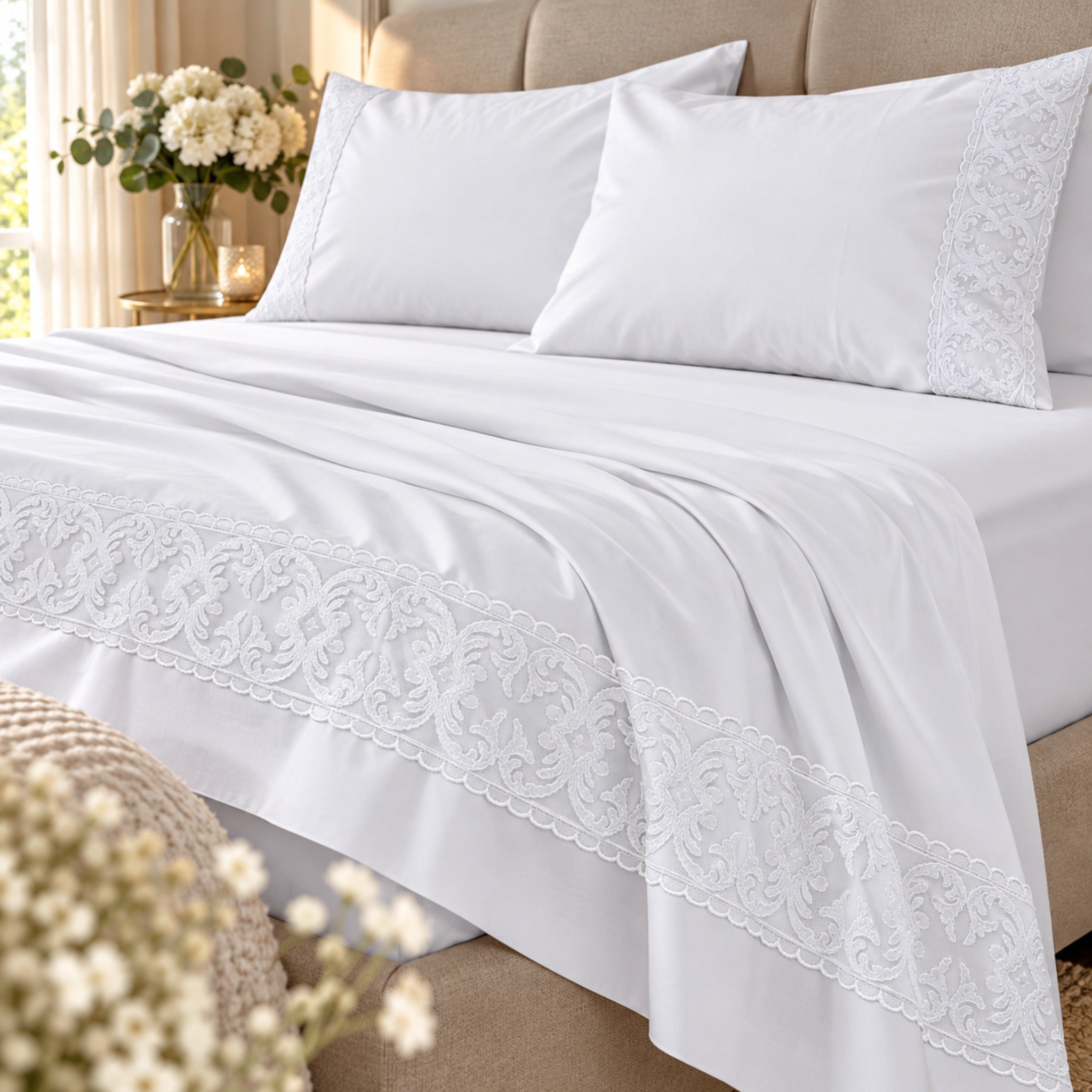 Completo lenzuola matrimoniale Carezze Melody bianco con pizzo applicato