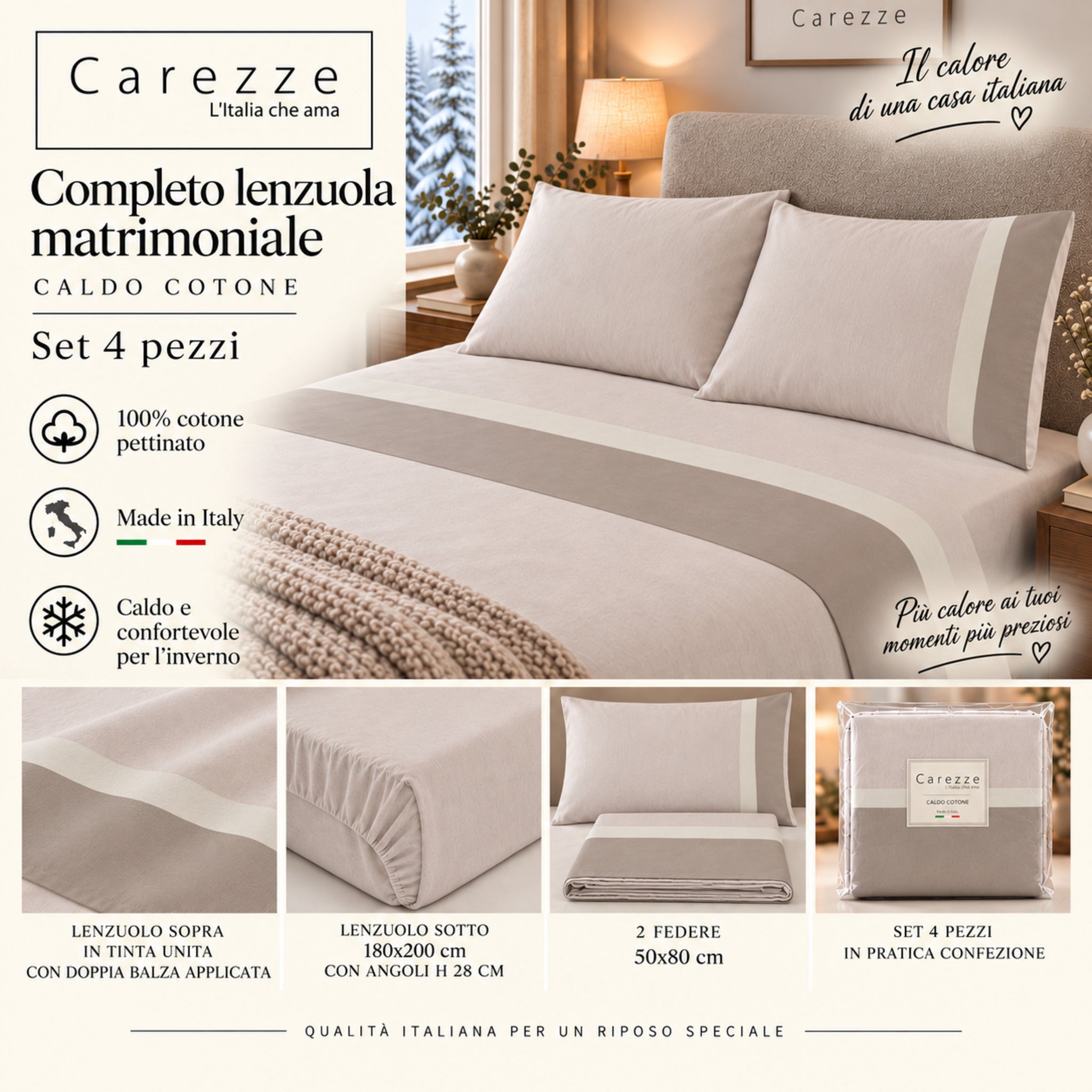 Completo lenzuola matrimoniale Carezze Sabbia set 4 pezzi in caldo cotone