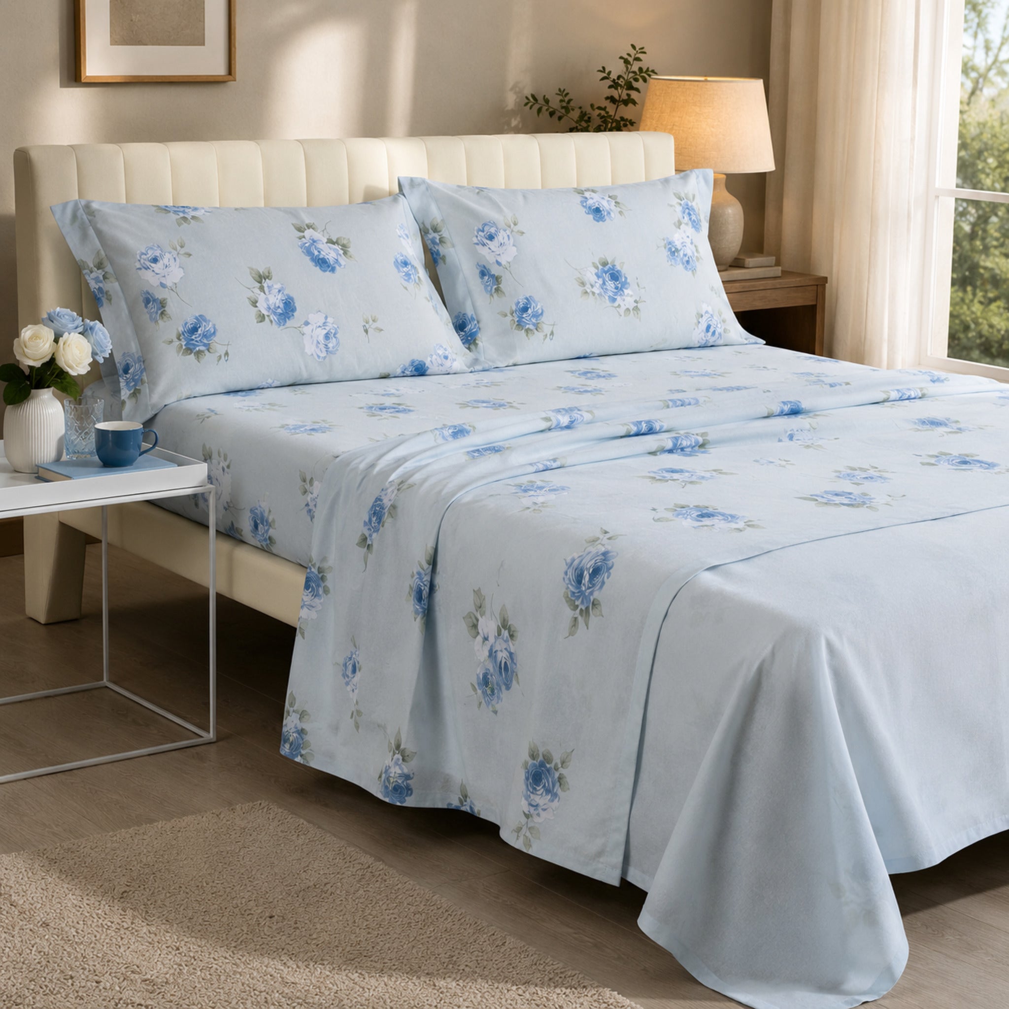 Completo lenzuola matrimoniale Caleffi Flory in flanella 100 cotone azzurro 