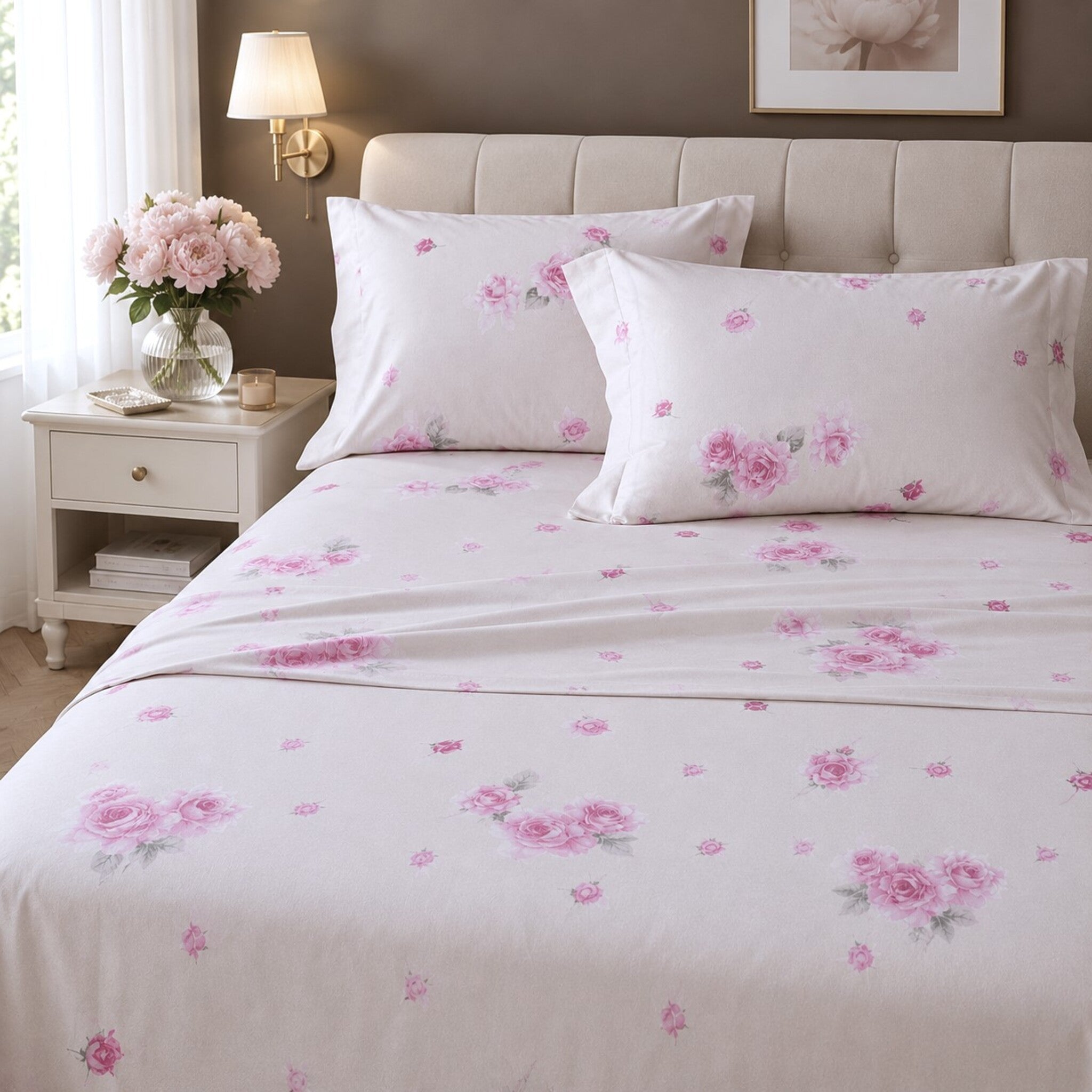 Completo lenzuola matrimoniale Caleffi Floral Style panna in flanella 100 cotone con fantasia rose rosa