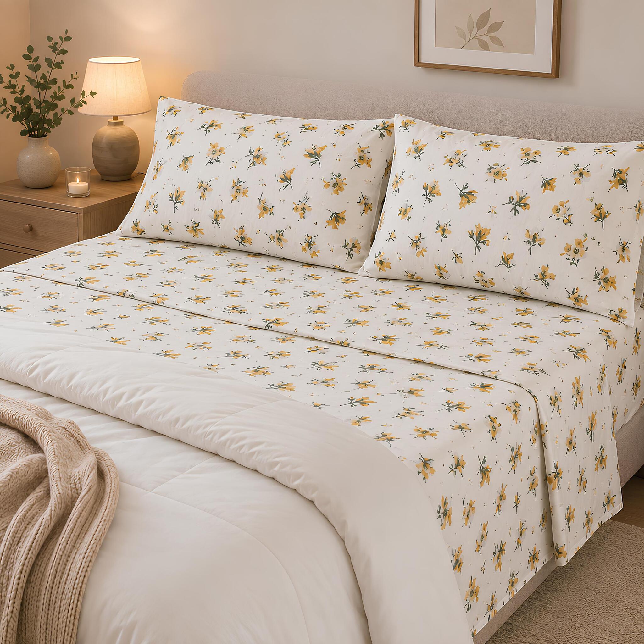 Completo lenzuola matrimoniale Mirabello Fiori di Rododendro in flanella 100% cotone con fantasia floreale gialla