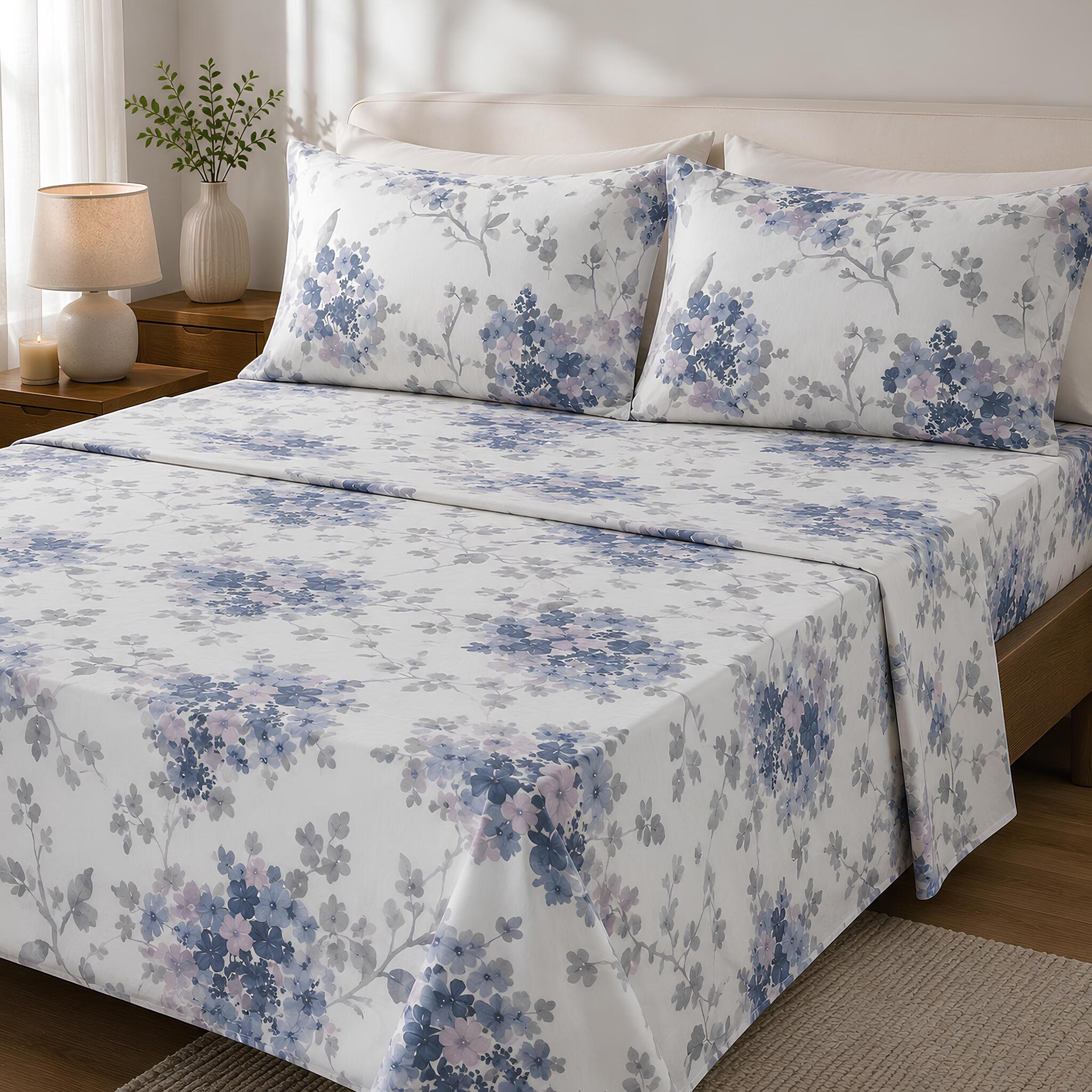 Completo lenzuola matrimoniale Mirabello Hydra azzurro in flanella 100% cotone con fantasia floreale