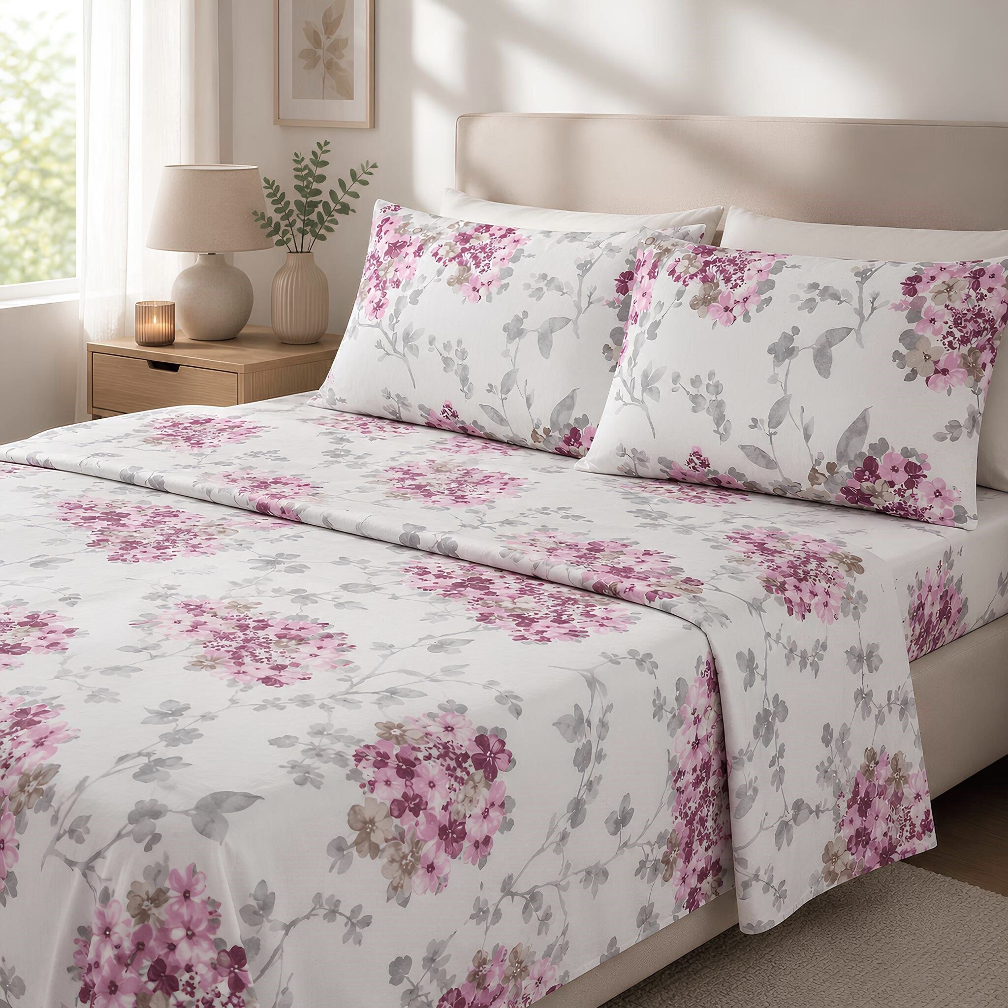 Completo lenzuola matrimoniale Mirabello Hydra rosa in flanella 100% cotone con fantasia floreale