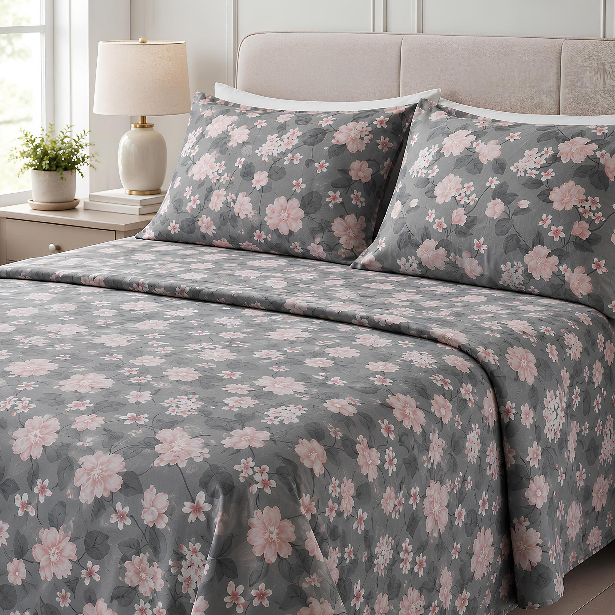 Completo lenzuola matrimoniale Rebecca Home Nicol grigio in flanella 100% cotone con fantasia floreale
