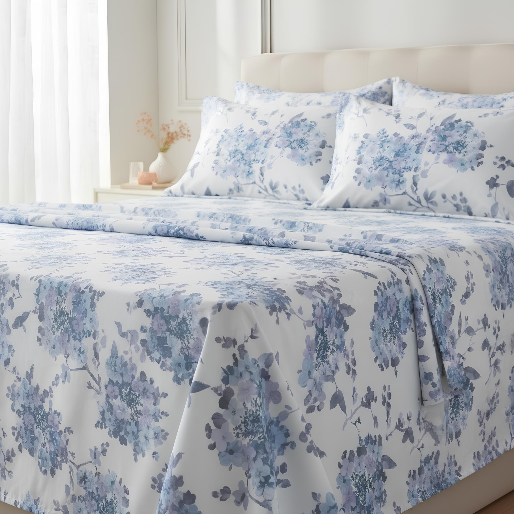 Completo lenzuola matrimoniale azzurro percalle 100% cotone fantasia floreale