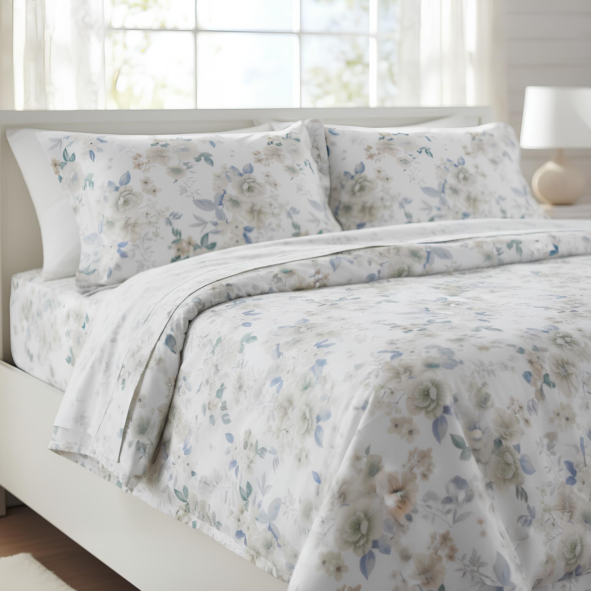 Completo lenzuola matrimoniale percalle 100% cotone azzurro fantasia floreale