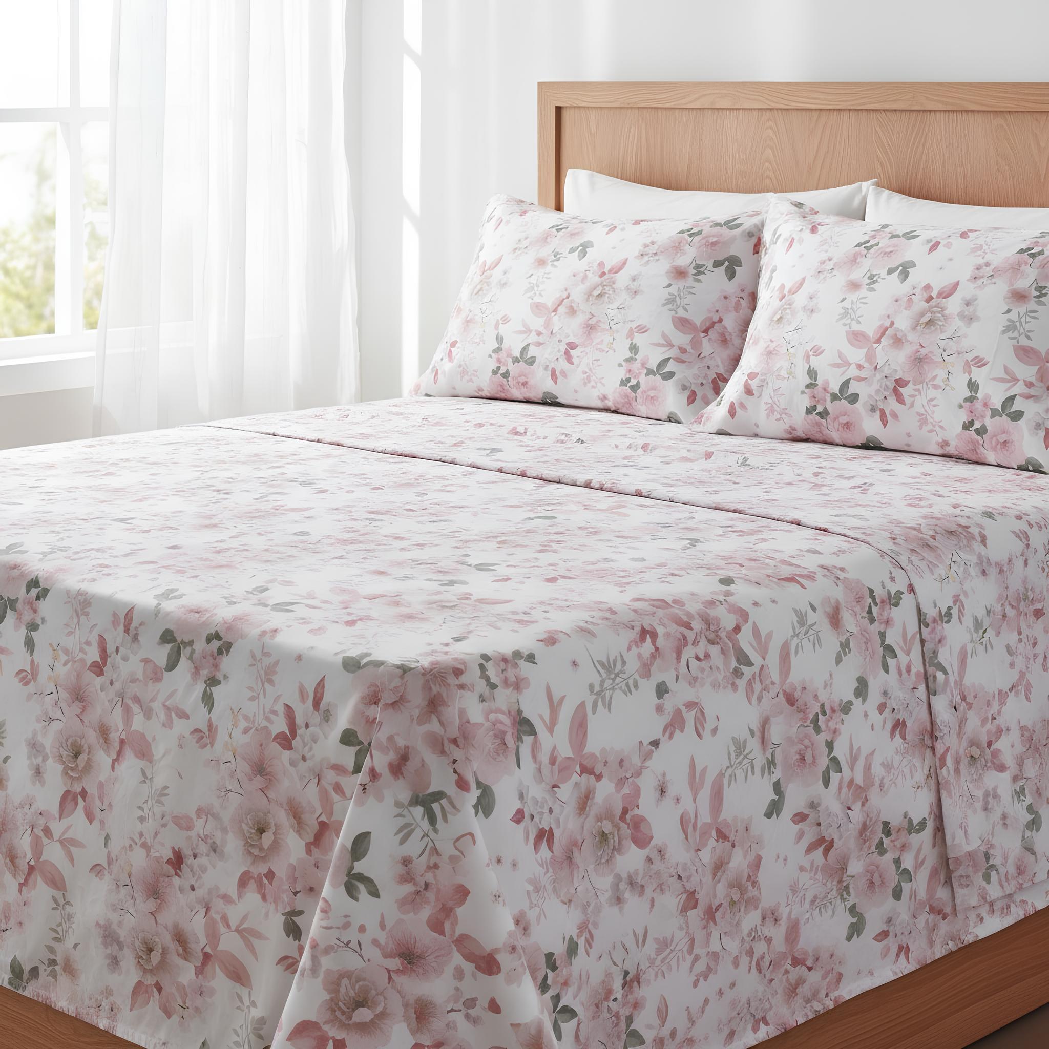 Completo lenzuola matrimoniale rosa floreale romantico cotone