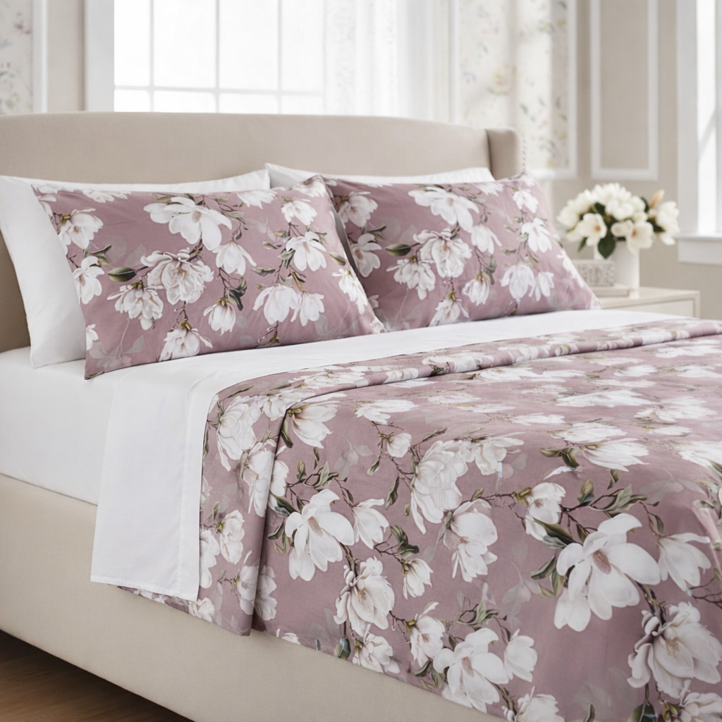 Completo lenzuola matrimoniale Galizzi Lavinia in raso 300 fili colore rosa con stampa floreale elegante