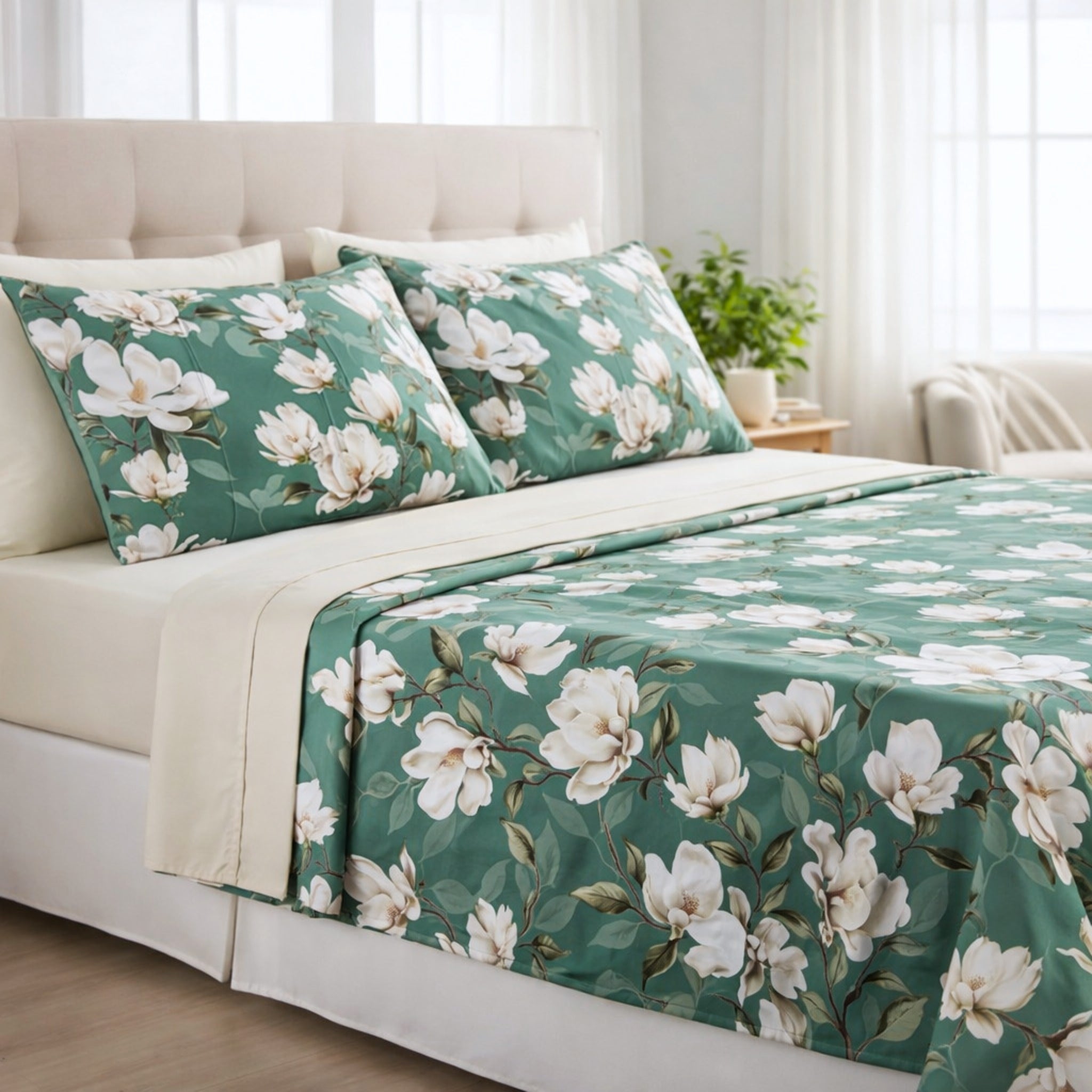 Completo lenzuola matrimoniale Galizzi Lavinia in raso 300 fili colore verde con stampa floreale elegante