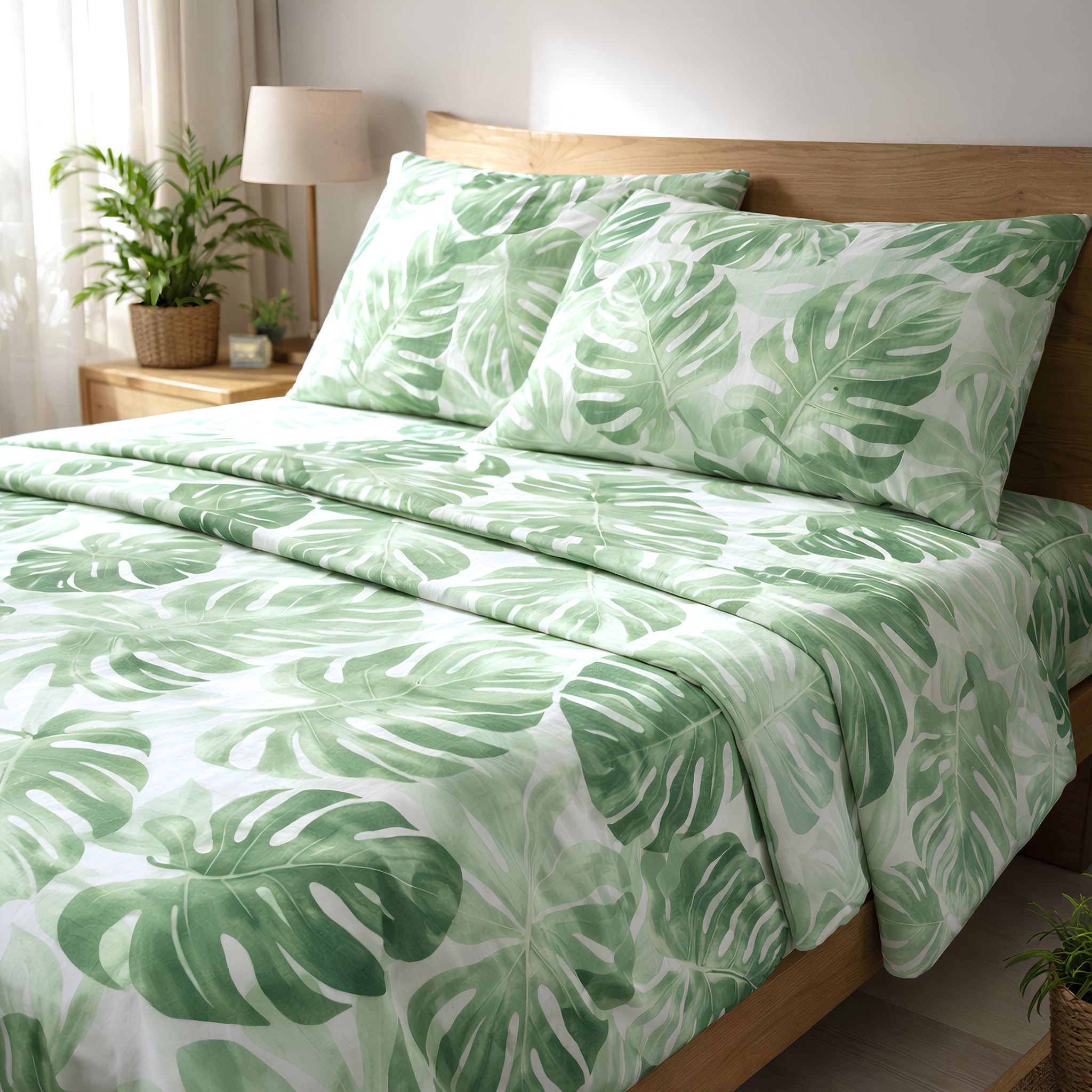 Completo lenzuola matrimoniale Zambaiti Fronde in cotone fantasia foglie verde