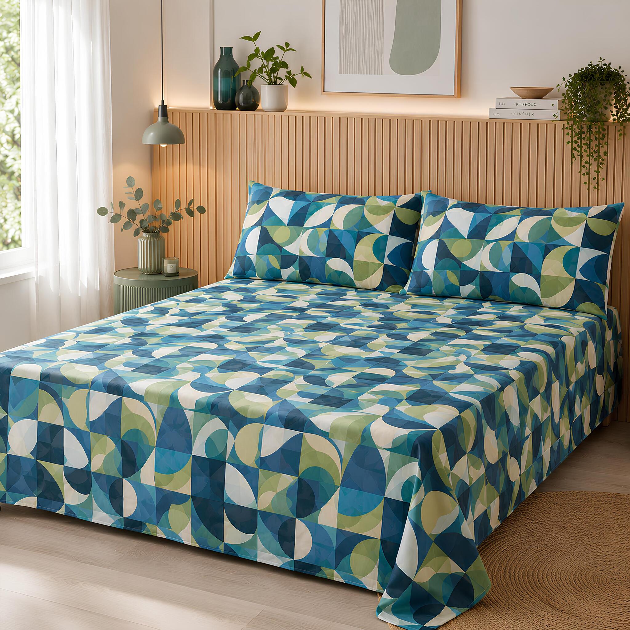 Completo lenzuola matrimoniale Zambaiti Kuad in 100% cotone con fantasia geometrica blu e verde Made in Italy.