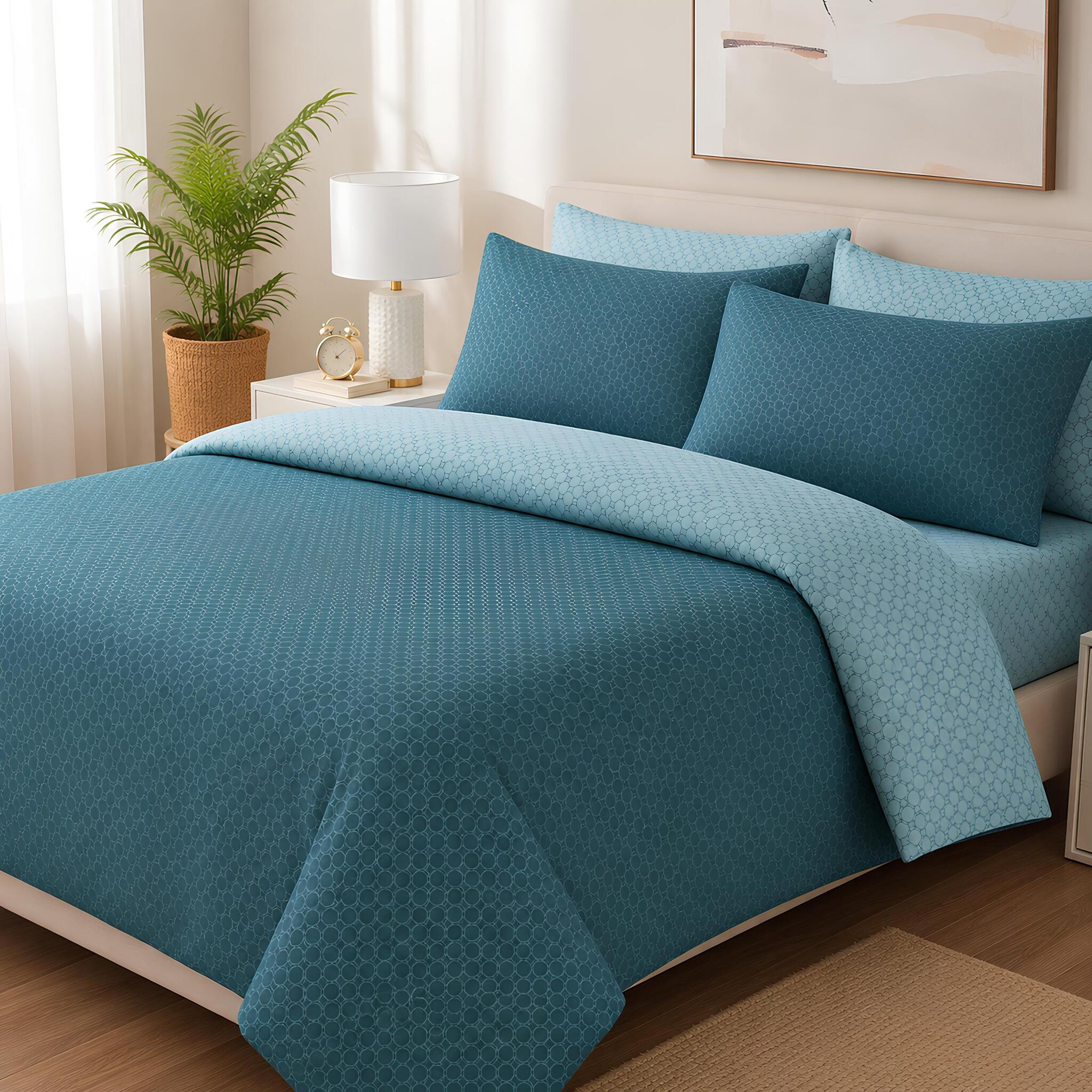 Completo lenzuola matrimoniale Zambaiti Vity in 100% cotone double face color petrolio Made in Italy.