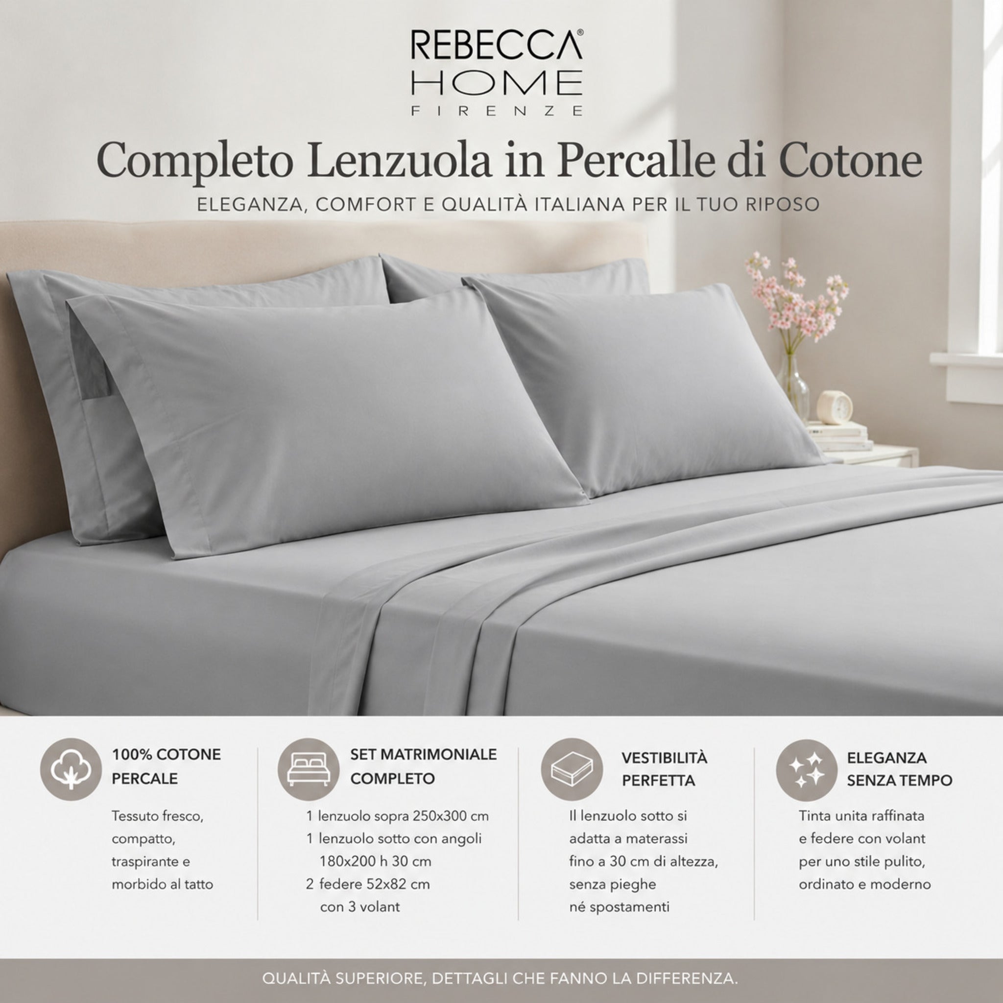 Completo lenzuola matrimoniale grigio in percalle Rebecca Home
