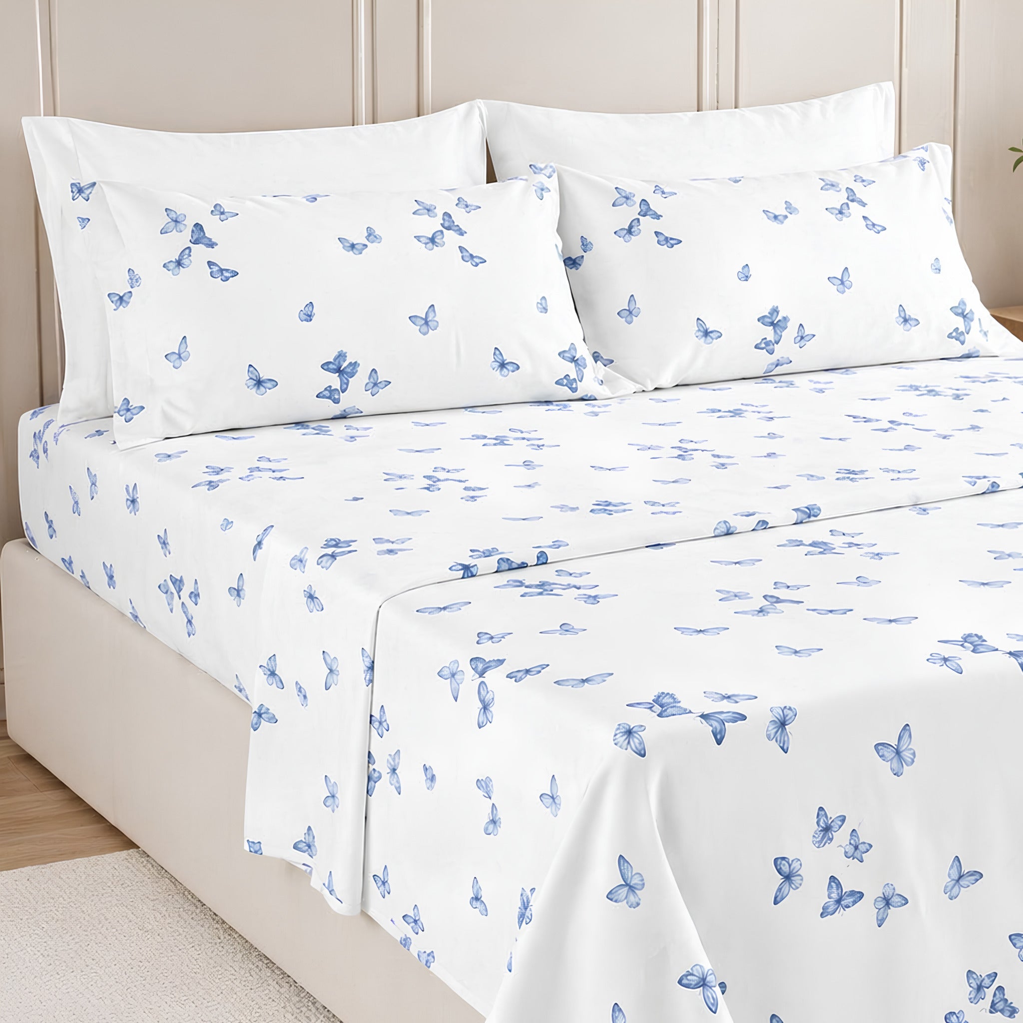 Completo lenzuola matrimoniale percalle 100 cotone fantasia farfalle azzurro