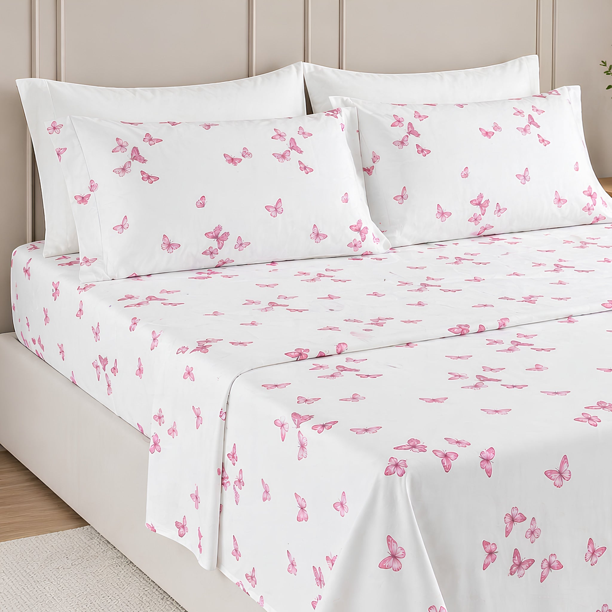 Completo lenzuola matrimoniale farfalle rosa percalle cotone