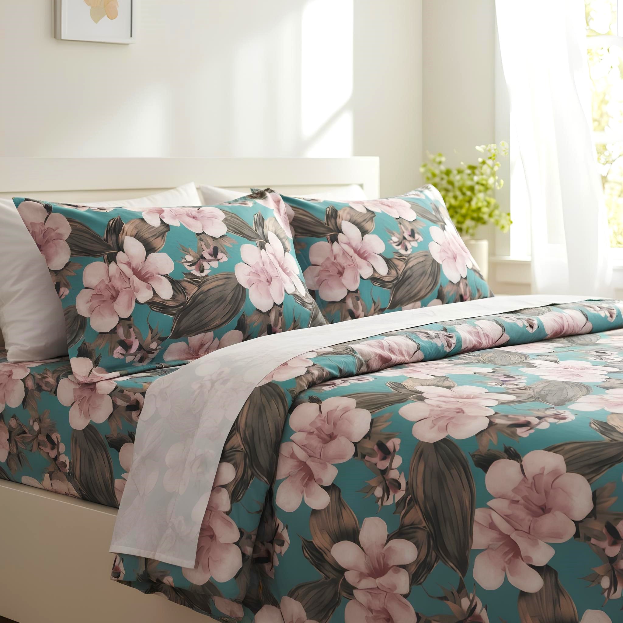 Completo lenzuola matrimoniale percalle fantasia floreale verde moderno