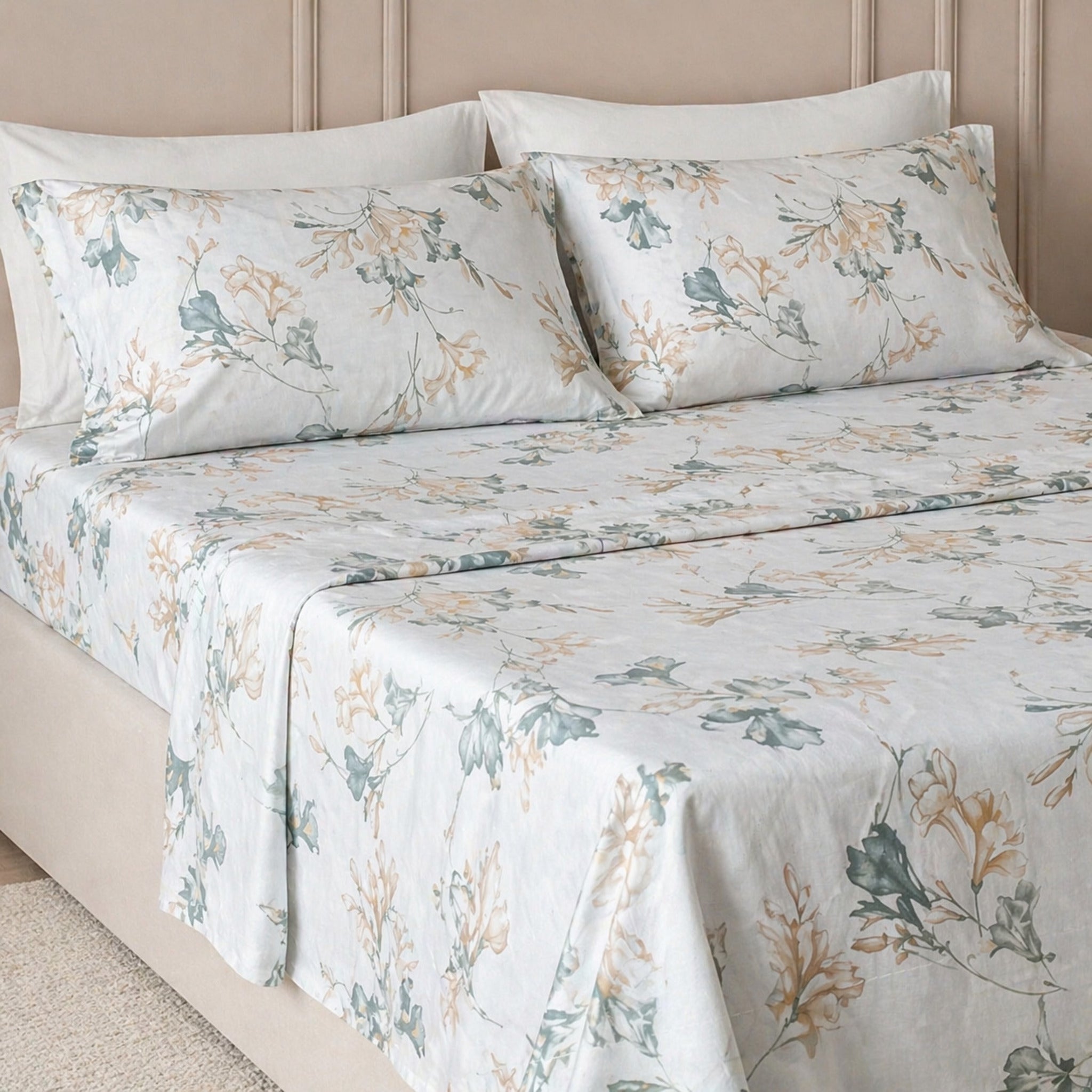 Completo lenzuola matrimoniale percalle fantasia floreale verde salvia beige