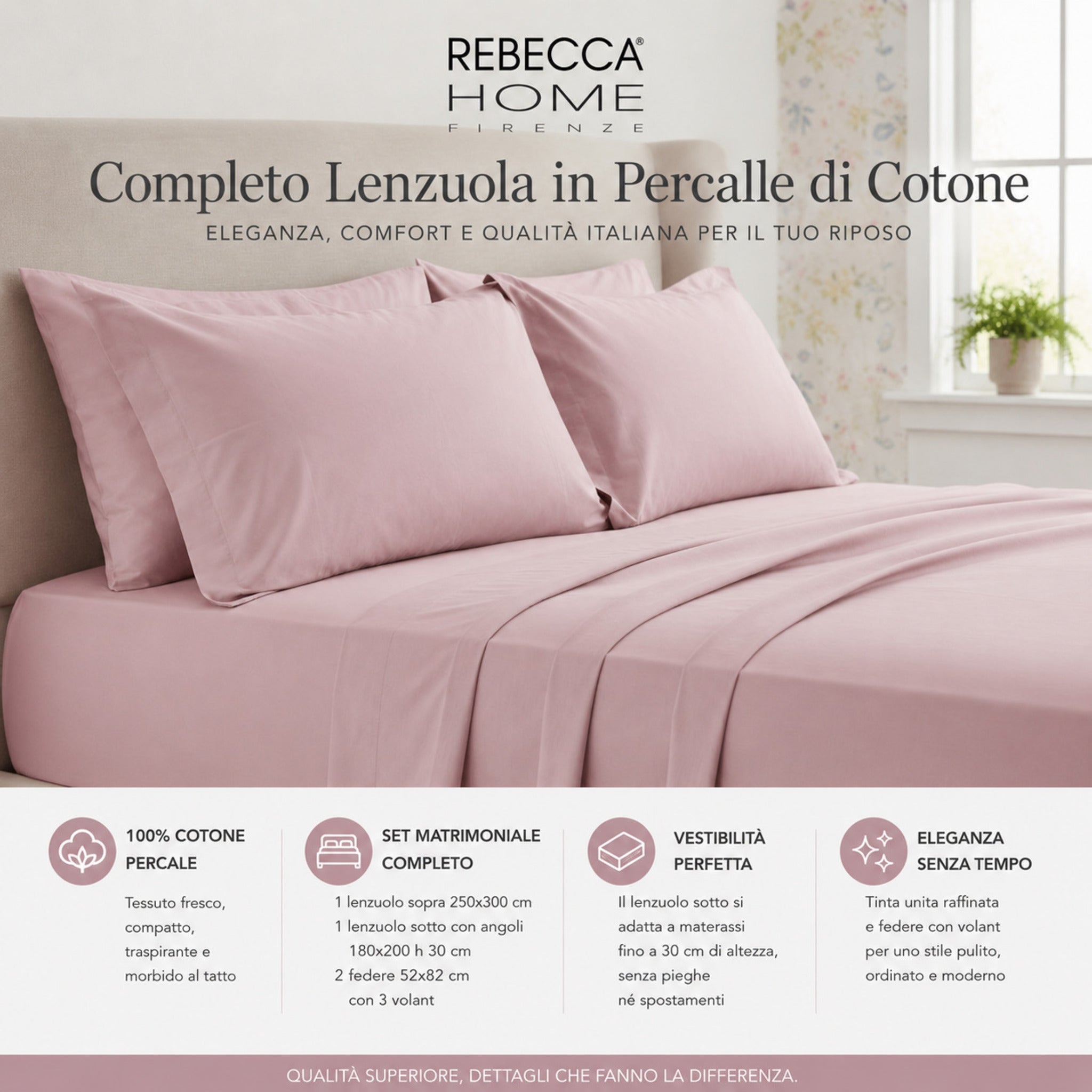 Completo lenzuola matrimoniale rosa antico Rebecca Home