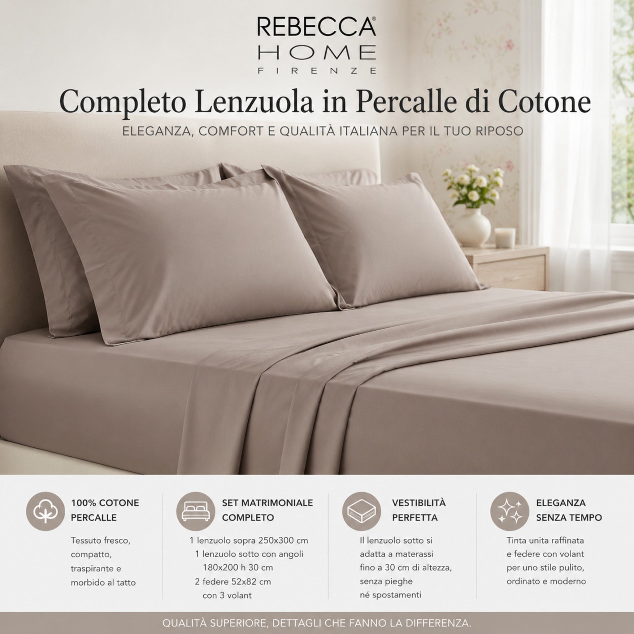 Completo lenzuola matrimoniale tortora in percalle Rebecca Home