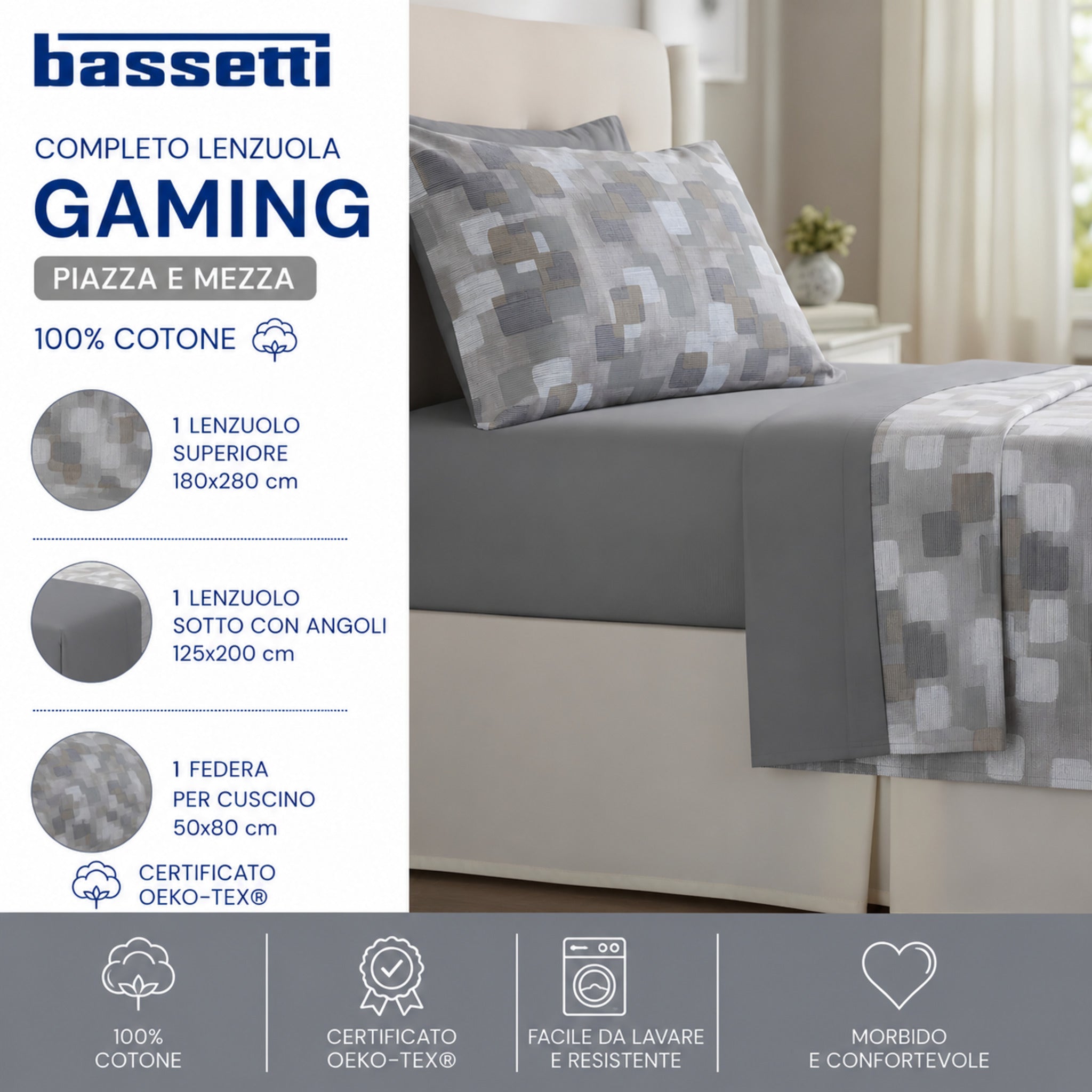 Completo letto Bassetti Gaming grigio piazza e mezza con fantasia geometrica astratta