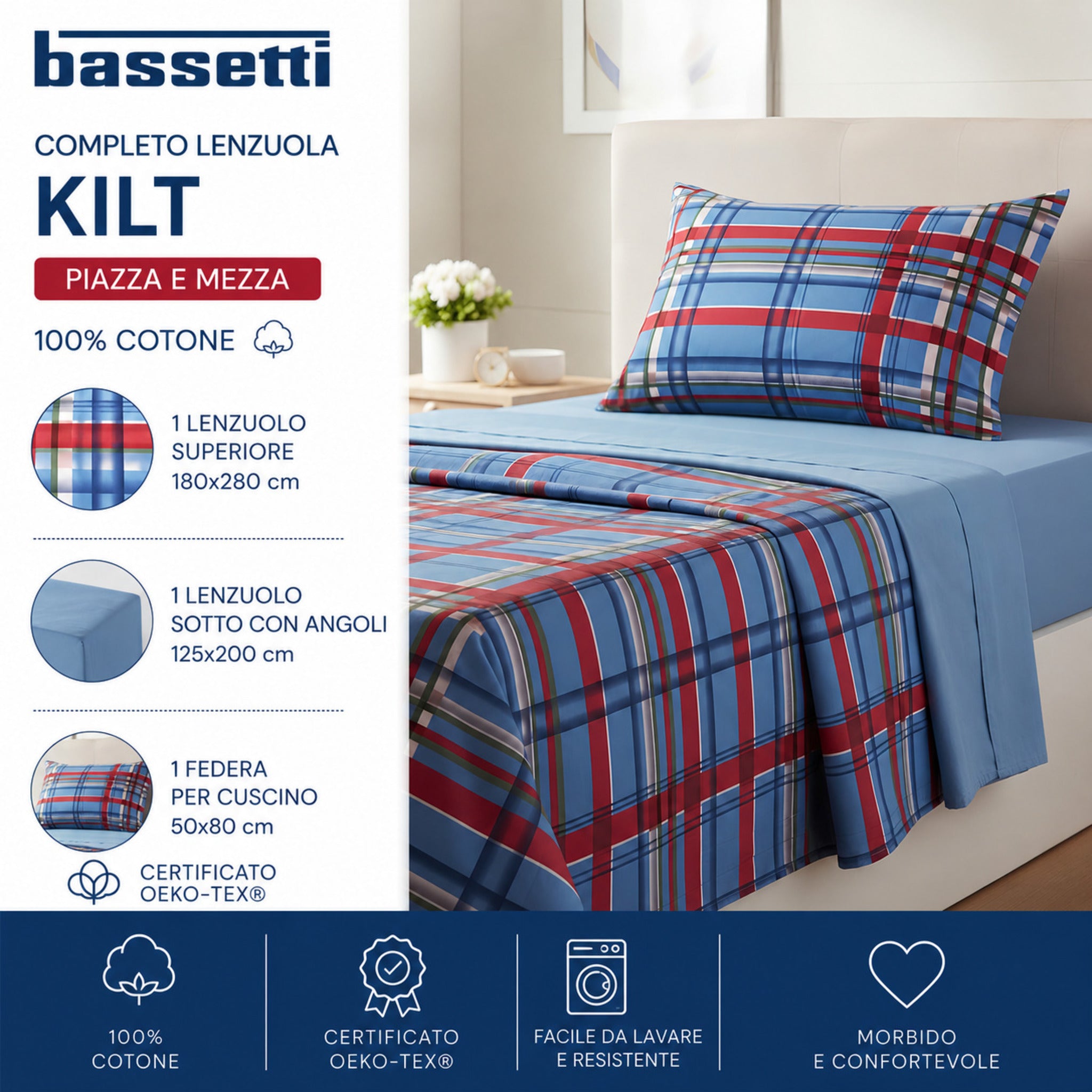 Completo lenzuola piazza e mezza Bassetti Kilt blu in 100% cotone con fantasia tartan scozzese