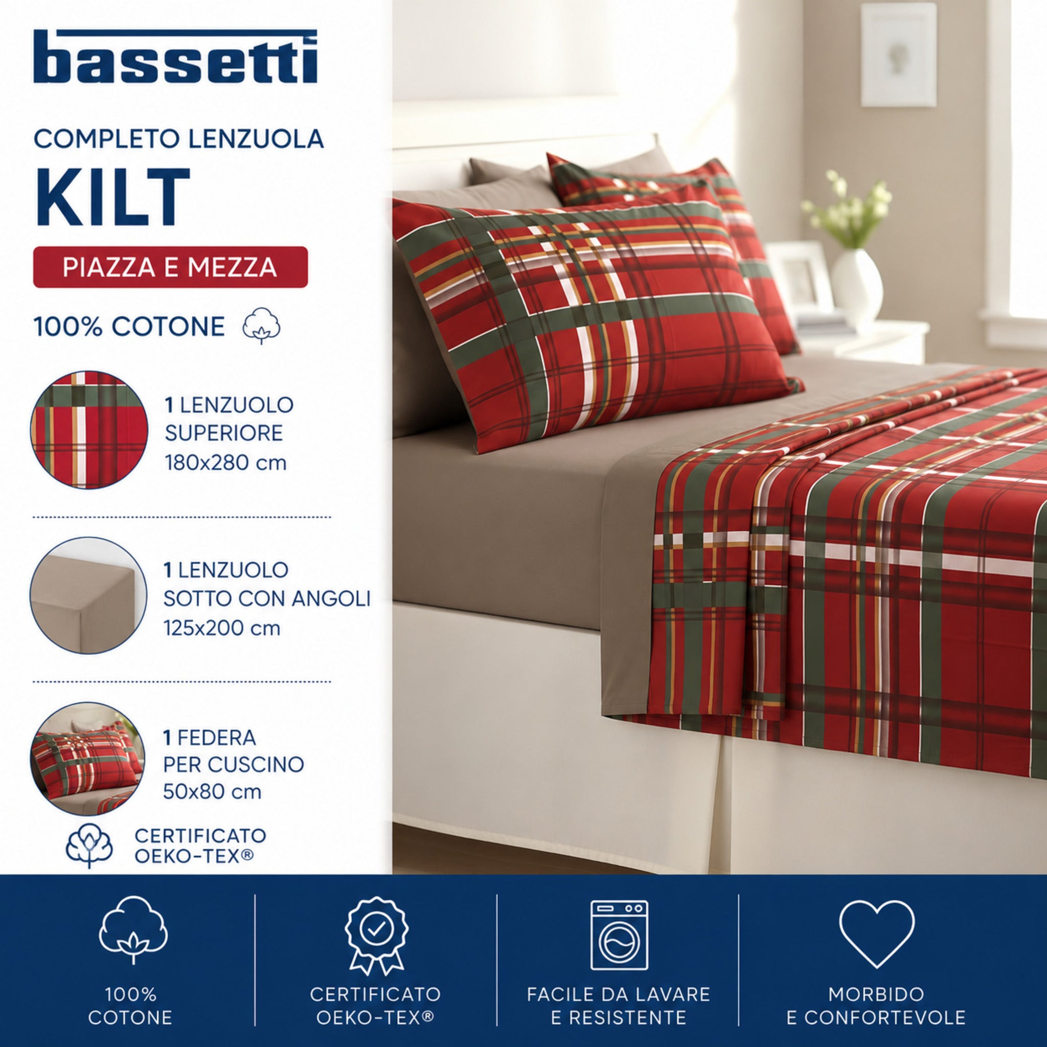 Completo lenzuola piazza e mezza Bassetti Kilt rosso in 100% cotone con fantasia tartan scozzese
