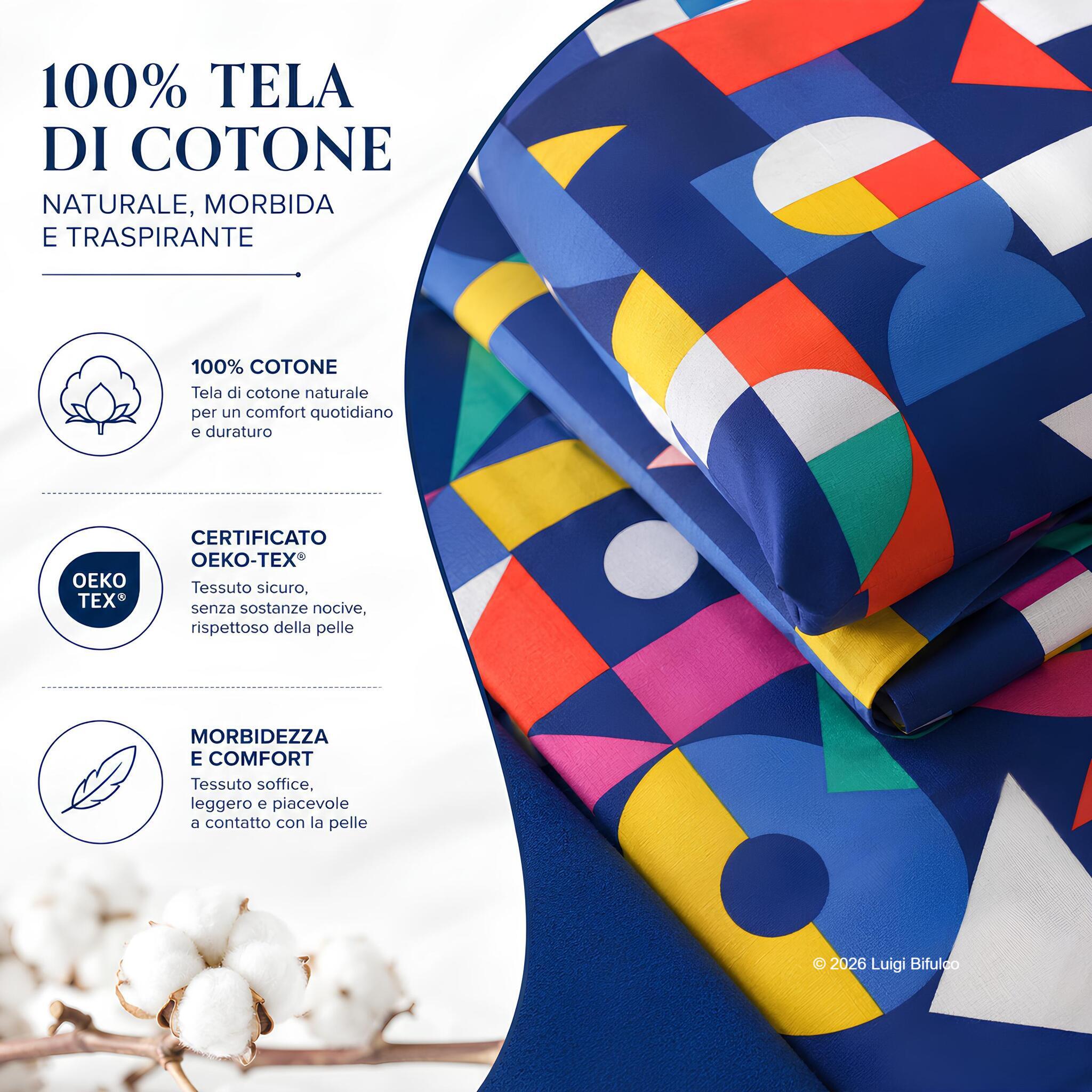 Dettaglio tessuto completo lenzuola Bassetti Playtime blu in 100% tela di cotone certificato OEKO-TEX®