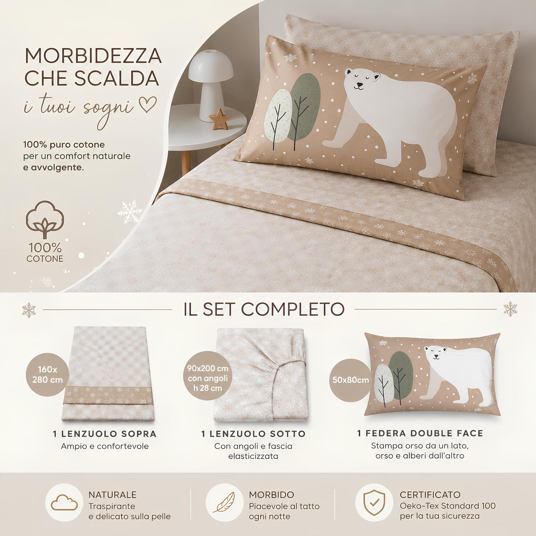 Infografica completo lenzuola singolo Caleffi Polar 100% cotone certificato Oeko-Tex