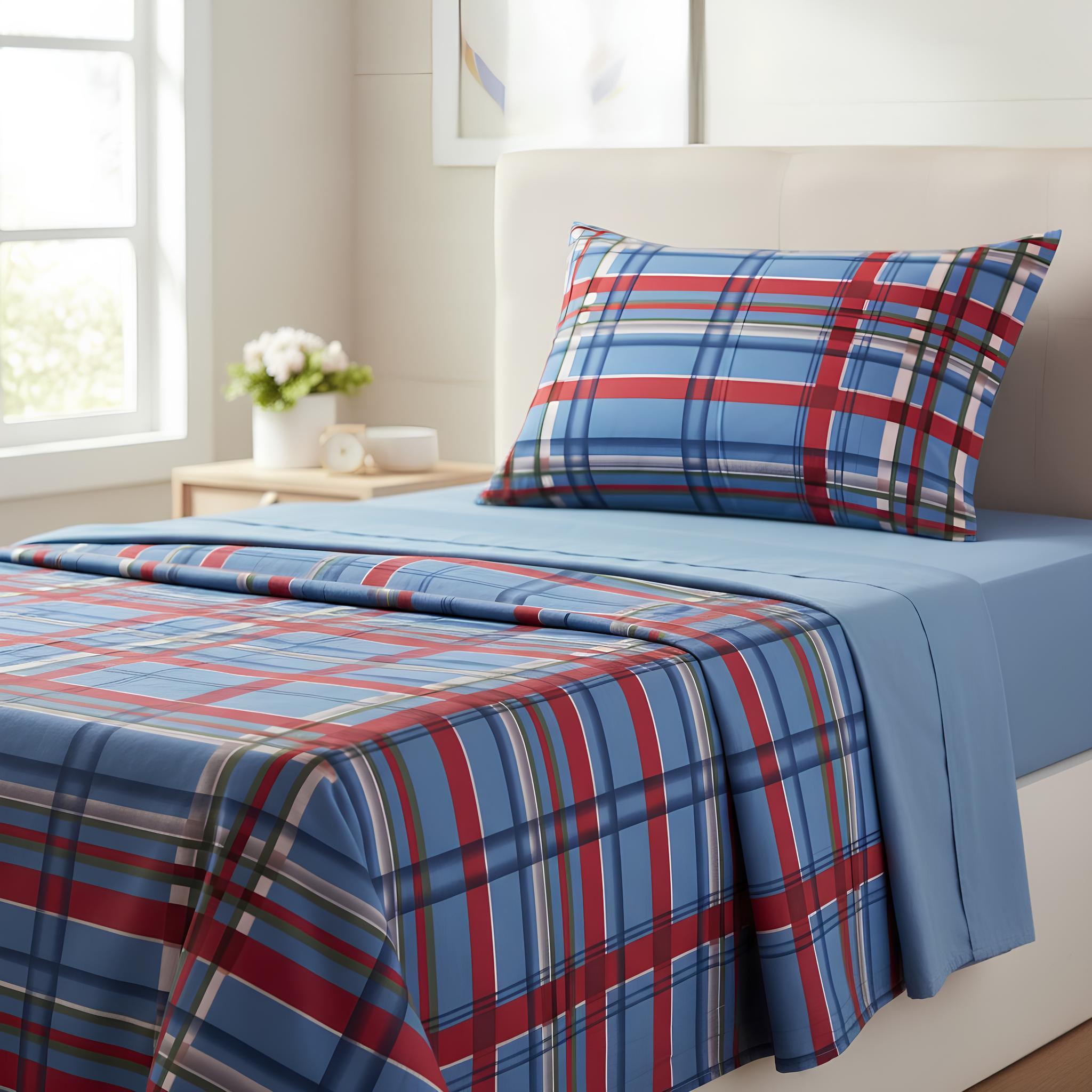 Completo lenzuola singolo Bassetti Kilt blu in cotone con fantasia tartan scozzese