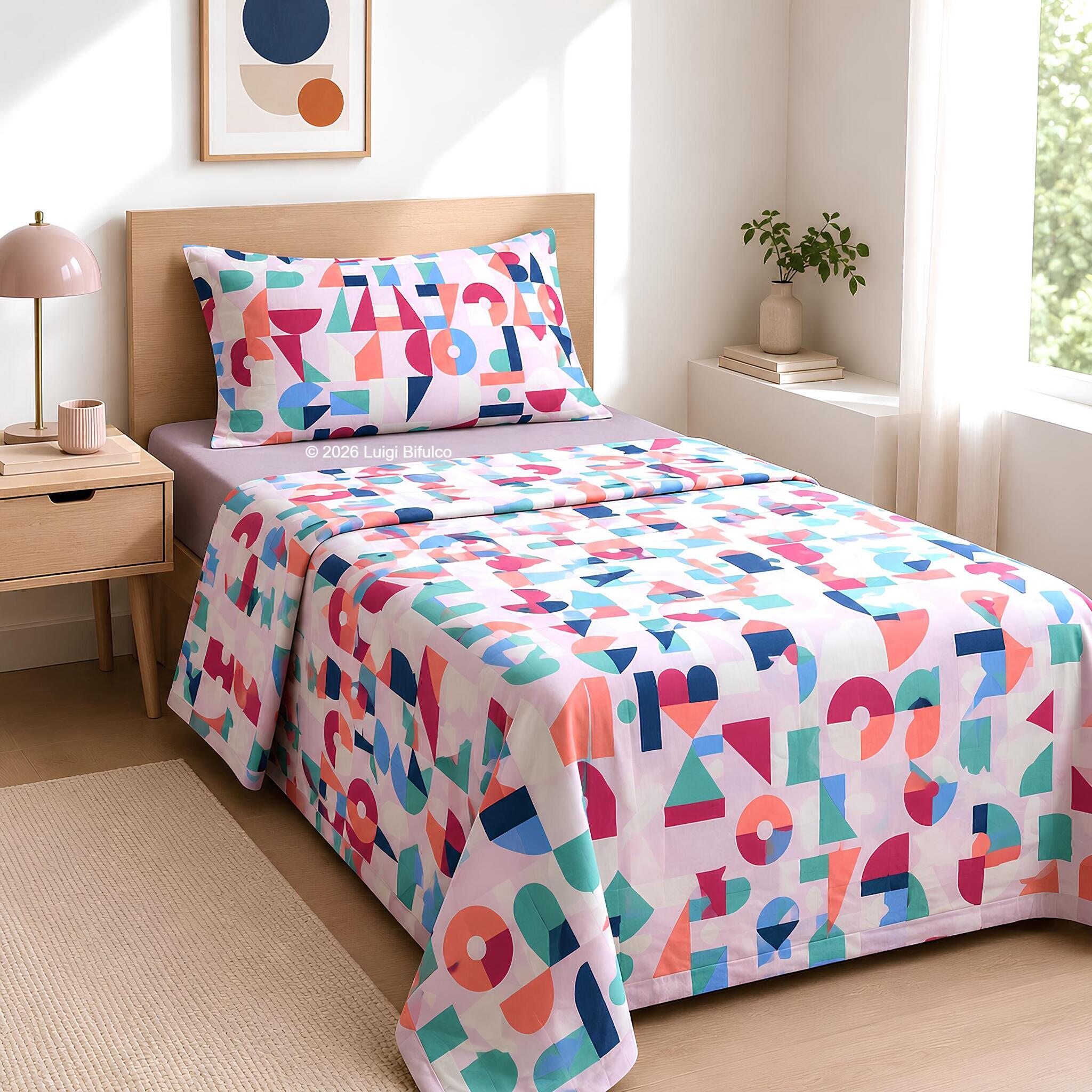 Completo lenzuola singolo Bassetti Playtime rosa in 100% tela di cotone su letto una piazza