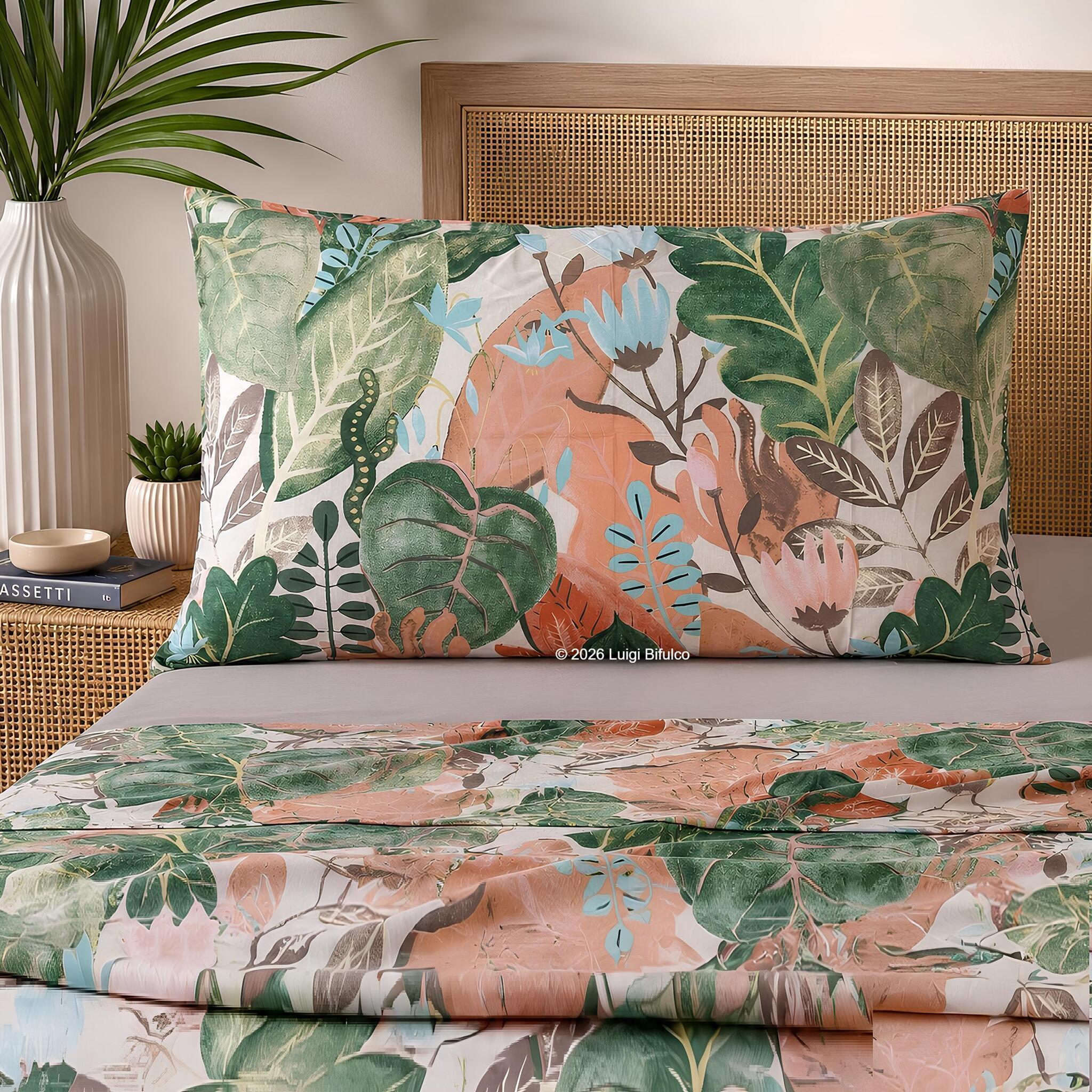 Completo lenzuola singolo Bassetti Tropical beige in 100% tela di cotone con fantasia botanica tropicale.