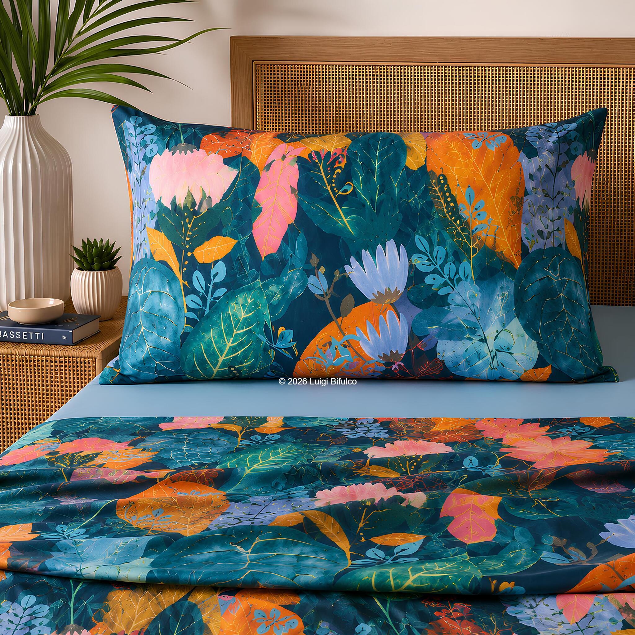 Completo lenzuola singolo Bassetti Tropical blu in 100% tela di cotone con fantasia botanica tropicale.