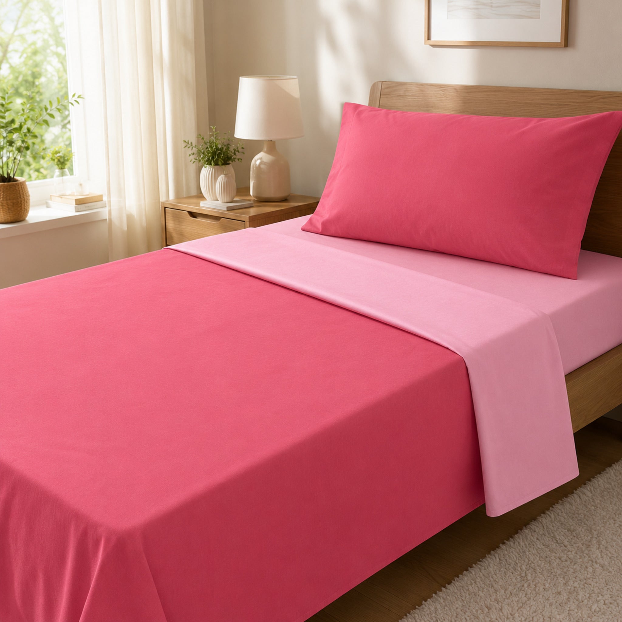 Completo lenzuola singolo Caleffi bicolore corallo e rosa chiaro in 100% cotone