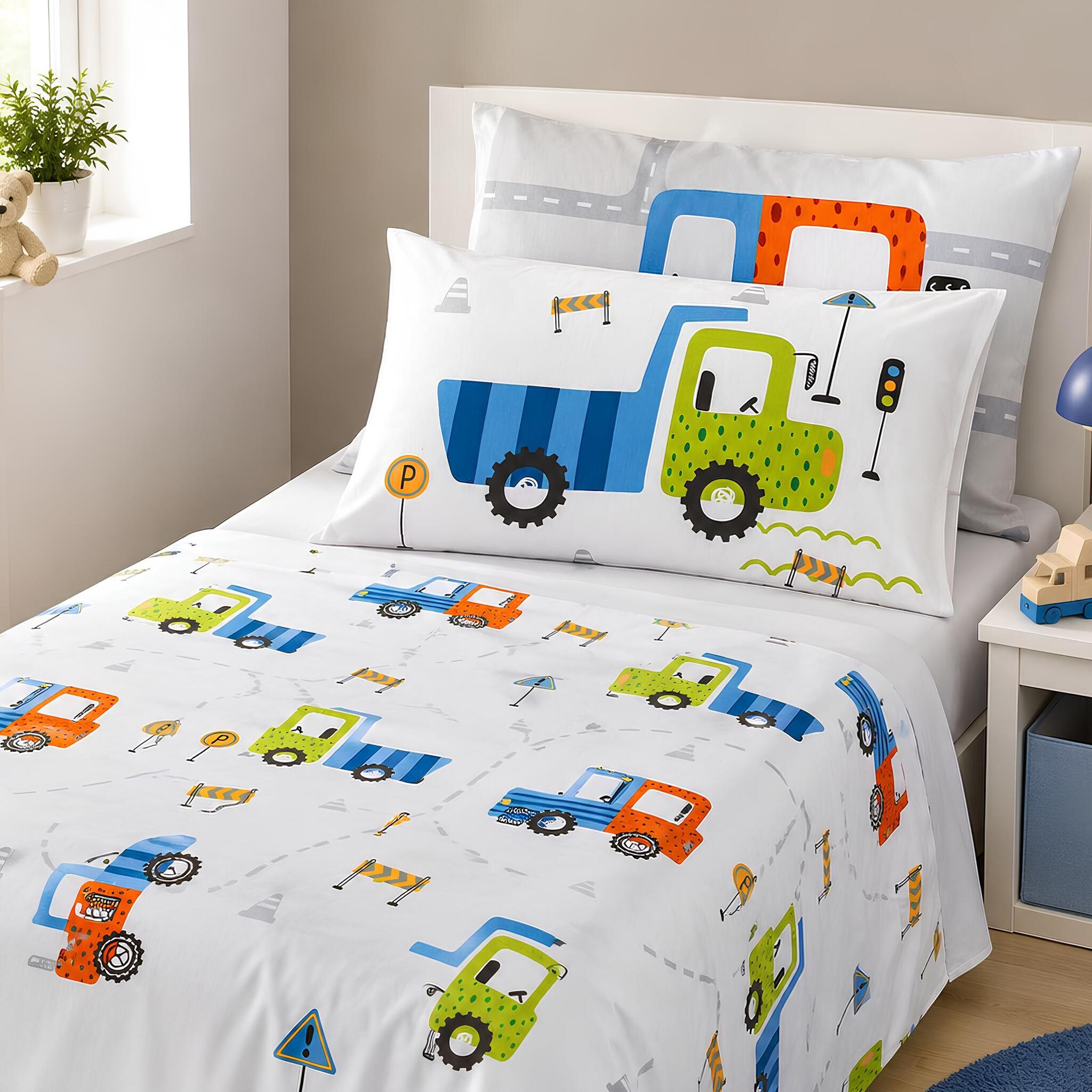 Completo lenzuola singolo Caleffi City Car in cotone con fantasia camioncini colorati per cameretta bambino